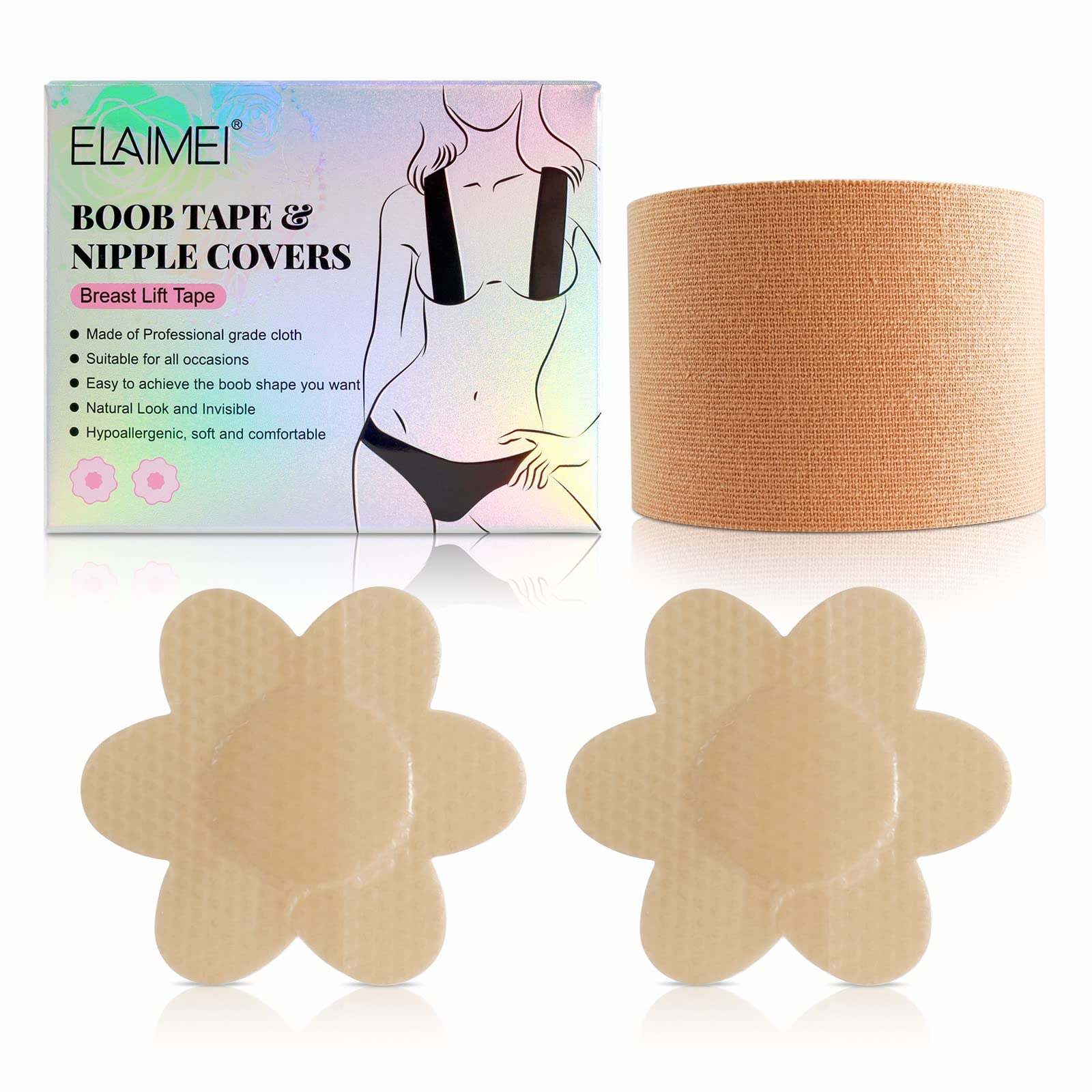 FRDUGABoob Tape, Breast Lift Tape and Nipple Covers Set,Boobytape Bra for Contour Lift & Fashion,Breathable Athletic Tape with 2 Pcs Reusable Silicone Breast Petals for A-E Cup, Invisible Under Clothing