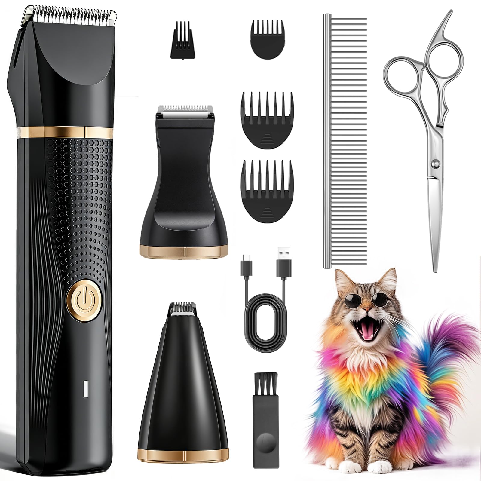 Bautrium Leise Schermaschine Katze Set,Profi Haarschneidemaschine für Katzen Hunde Verfilztes Fell Pfotenhaare mit Pflegeschere & Kamm,USB-C-Aufladung