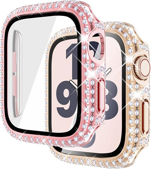Fullife 2 Pack Compatible with Apple Watch Screen Protector 40mm,200 Diamonds Bling Tempered Glass Protective Case for iWatch Series 6/5/4/SE(2022/2020),RoseGold/Pink