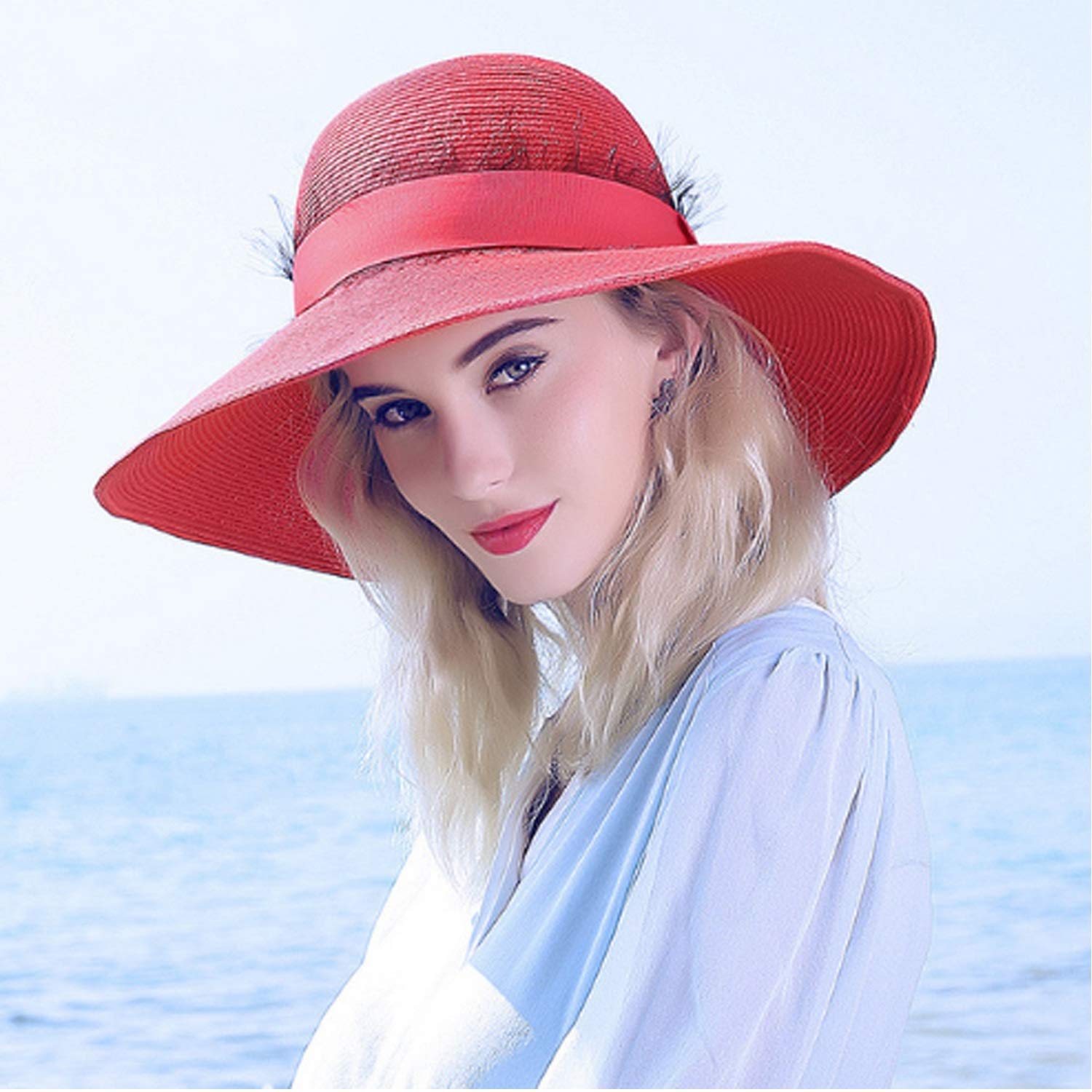 Sombrero Mujeres Verano Visera Cinta Bali Sombrero de Paja Sombrero de Playa Colapible, Mejor Comodidad/Red/Medium