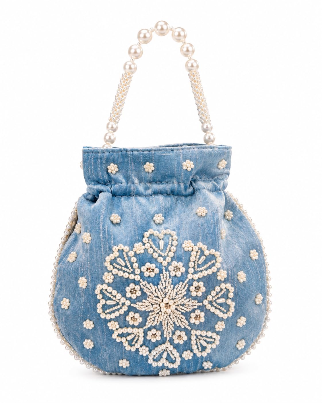Denim Bucket Bag with Pearl Beaded Handle, Blue, Floral Embellished Potli Handbag-image-31