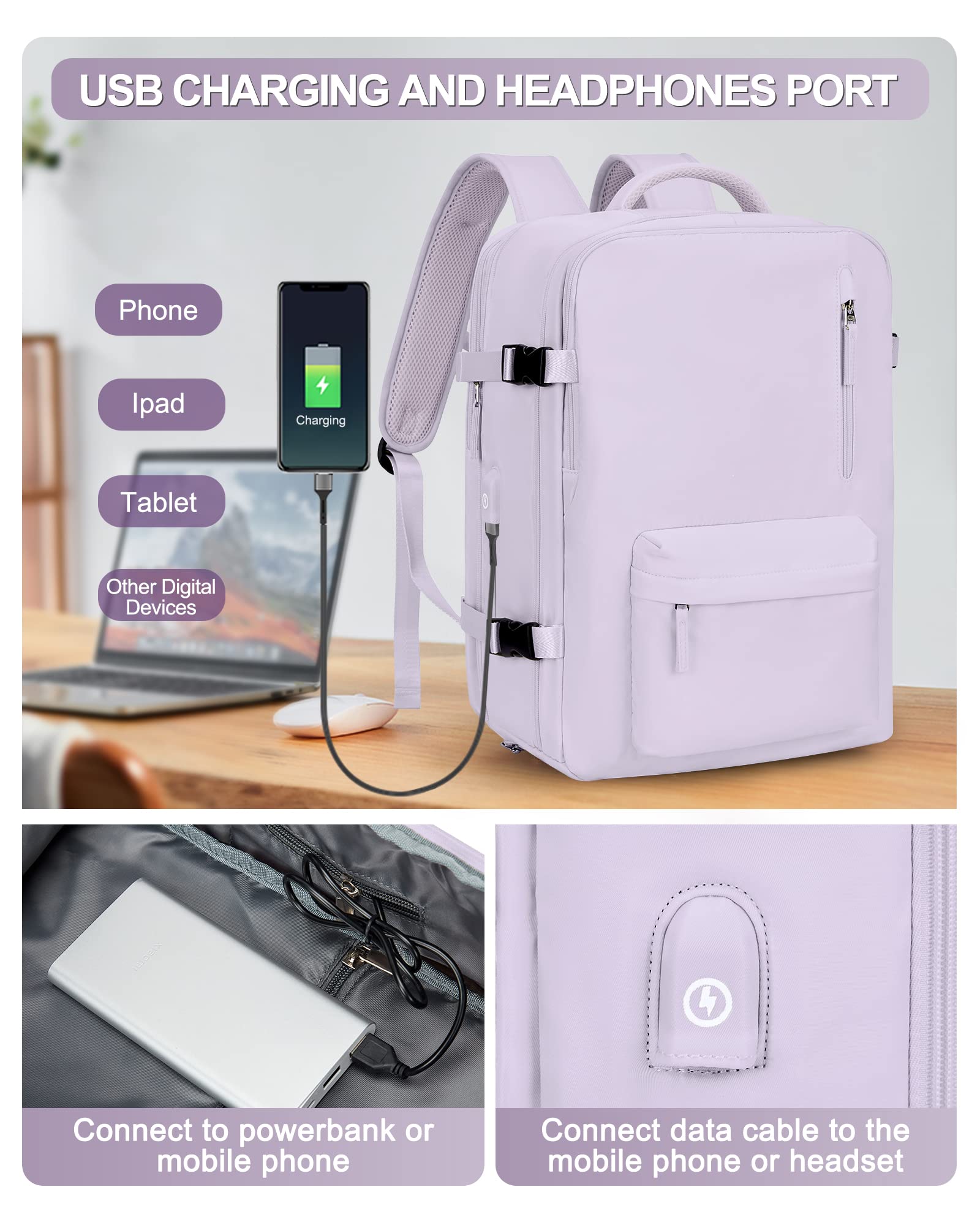 VGCUB Large Travel Work Business Backpack Carry on Flight Approved Laptop Backpack for Women Men Mochila de Viaje A12-purple-large - Image 4
