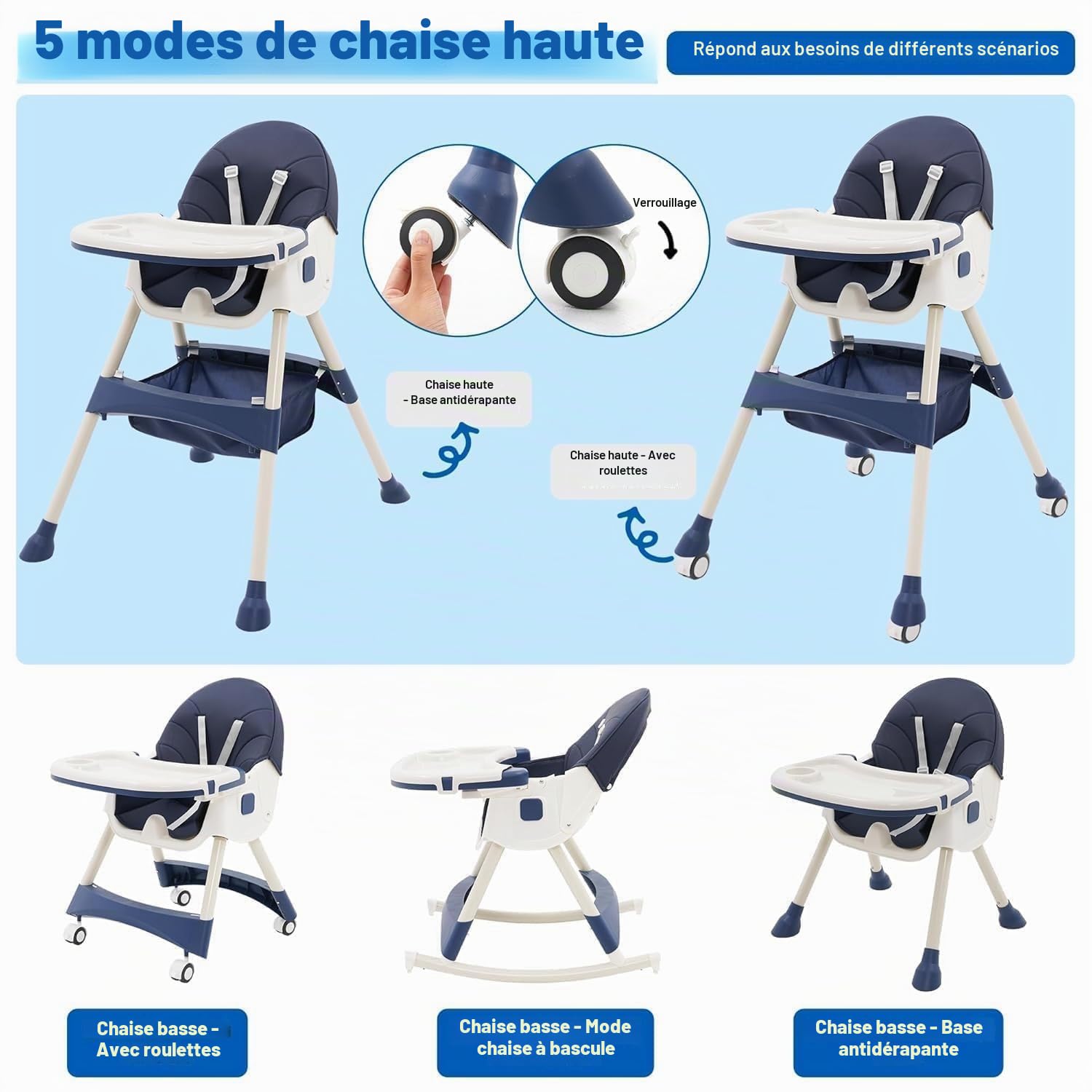 Chaise Haute bébé Evolutive Pliable Chaise Haute Inclinable Enfant Chaise Reglable Hauteur avec Roue Verrouillable et Double Plateau, 4 Angles d'Inclinaison, de 6+ Mois (Bleu)