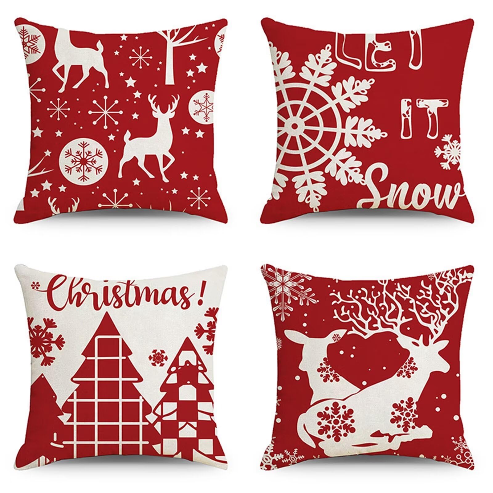 4 Pezzi Natalizi Cuscini per Divano, Natale Federe Cuscino Divano 60x60 CM Cervo rosso dell'albero di Natale, Natale Lino Copricuscini, Decorazione Natalizia per la Casa Soggiorno Natalizie Decorativi