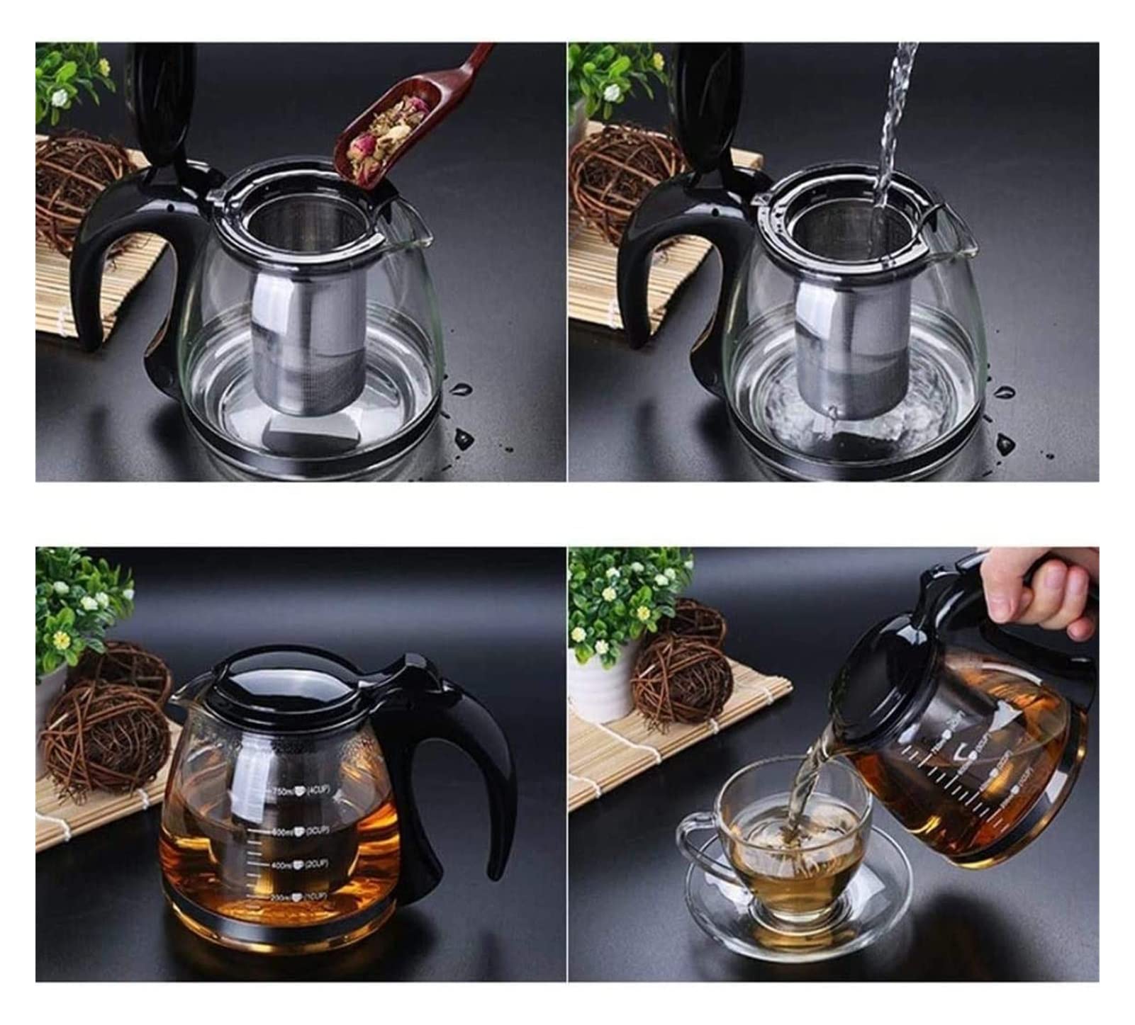 Tetera Tetera Tetera de Hierro Fundido Tetera de Vidrio Transparente con infusor de Acero Inoxidable 304 Colador y Tapa para té Suelto para té y café (1200ML) Accesorios para té
