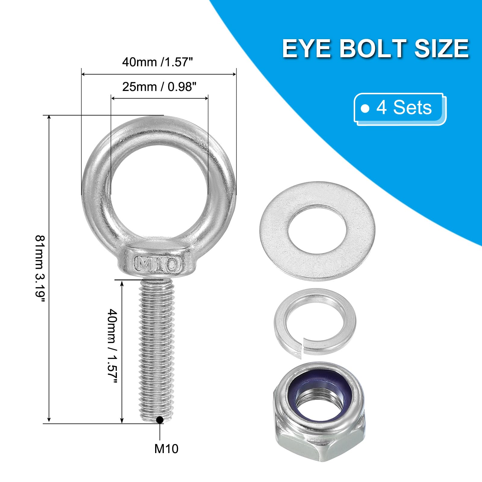 PATIKIL M10 x 40mm Eye Bolt with Nut, 4 Pack 304 Stainless Steel Lifting Shoulder Eyebolt Lift Thread Screws for Hanging Silver - Image 2