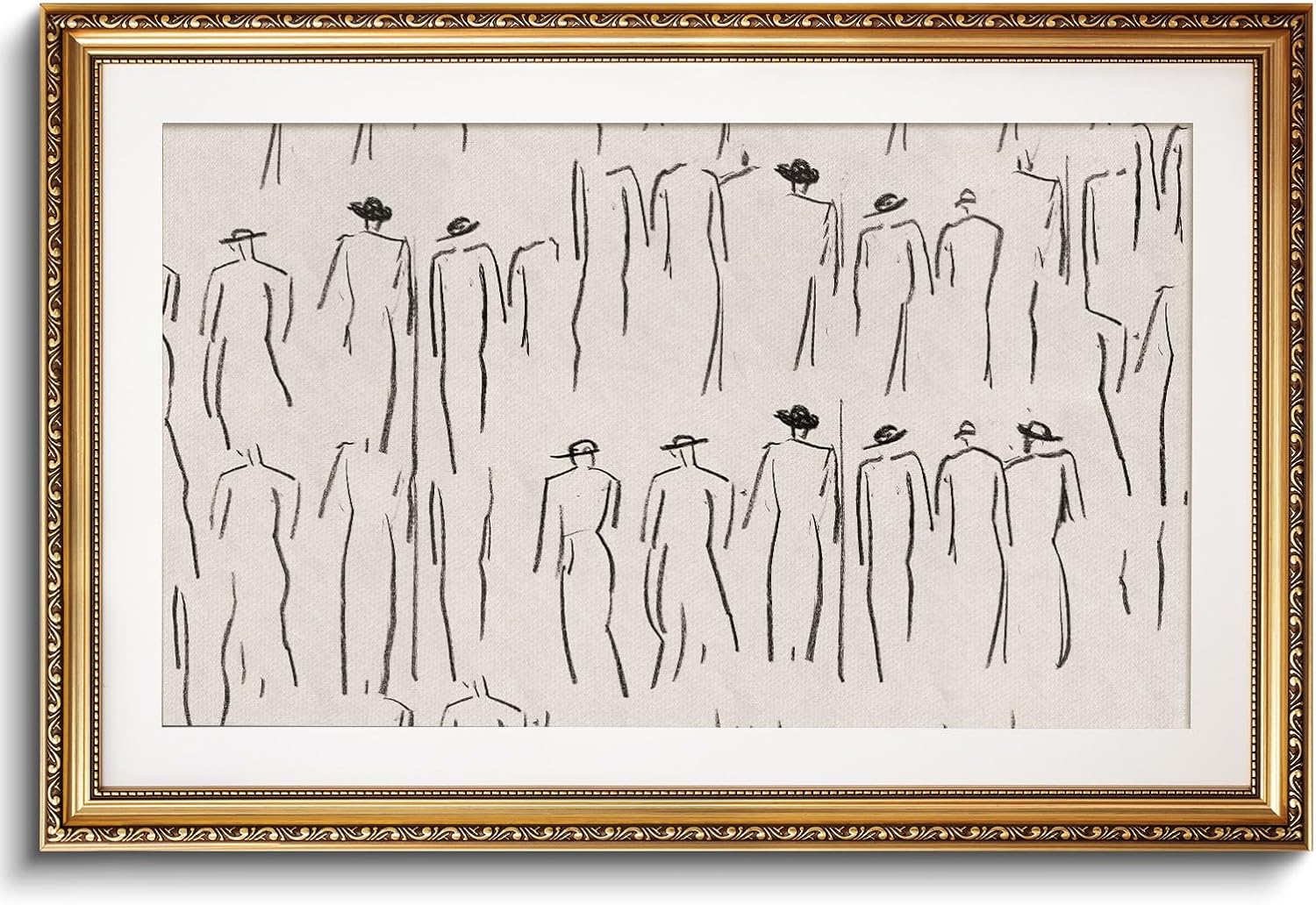 VIYYIEA Gold Framed Large Wall Art Canvas Print Home Decor Abstract Prints Room Aesthetic Minimalist Portrait Artwork Wall Decorations Vintage Bathroom Decor Line-Drawn Pictures Office Bedroom 24x36in Crowds 36L" x 24W"