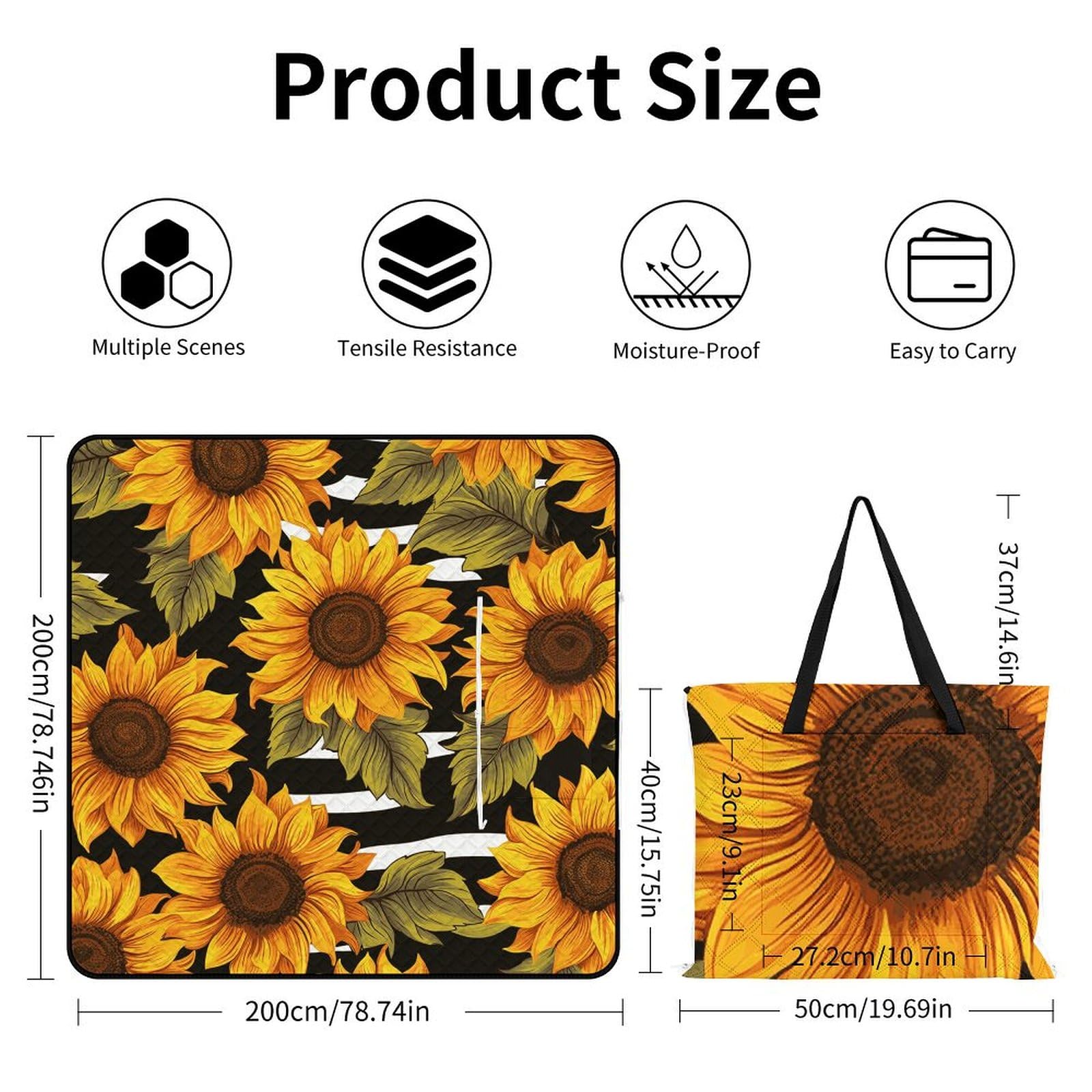 Sunflowers Tapis de pique-nique convertible à fermeture éclair – Couverture d'extérieur imperméable et isolante avec sac fourre-tout, pliable pour camping, plage, parc, 200 x 200 cm