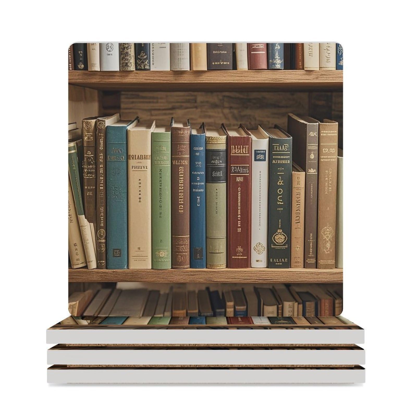 Dessous de verre en céramique imprimé bibliothèque avec dos en liège de style moderne