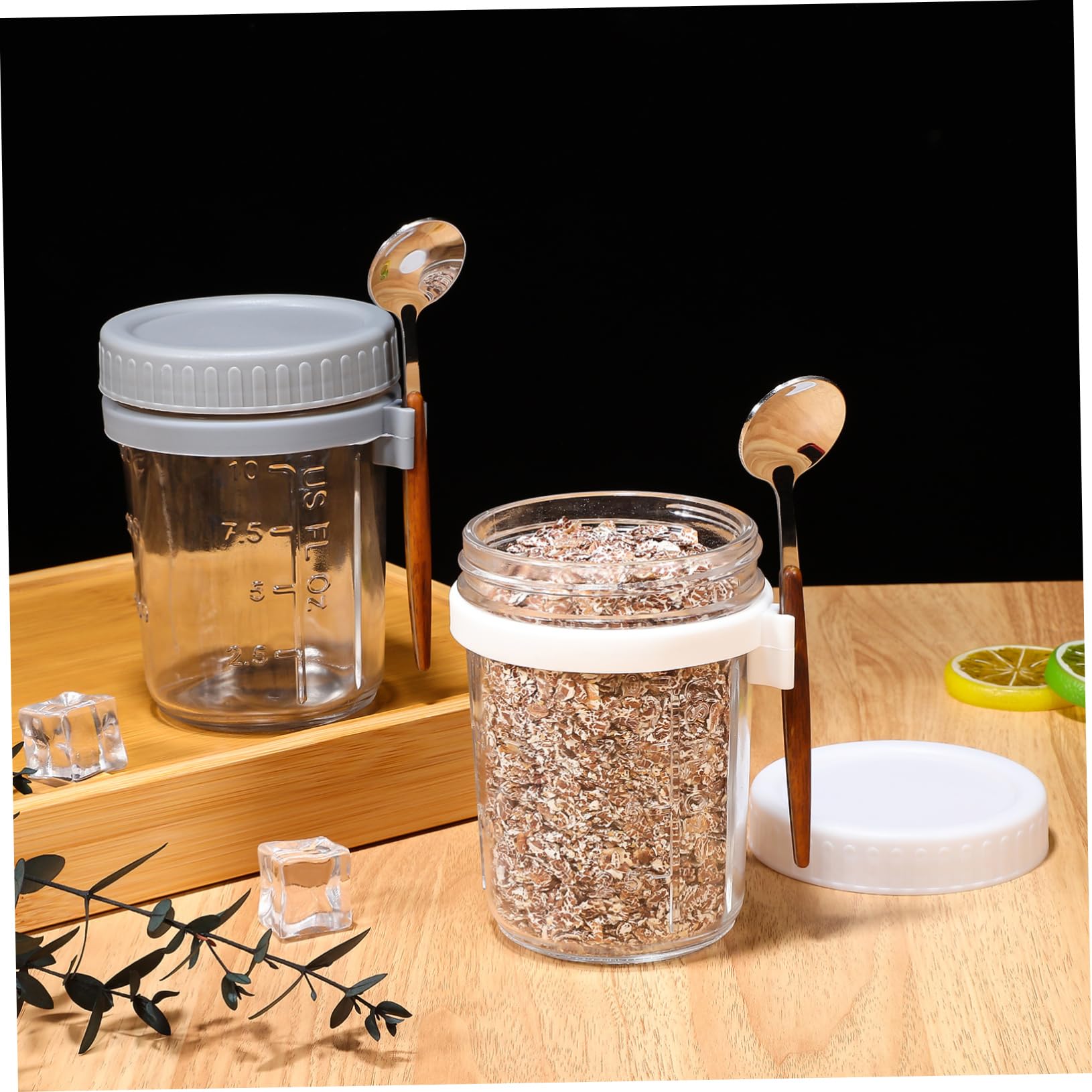 Hemobllo 4 Stück Vorratsdose Glas mit Holzdeckel 400ml Auslaufsicher mit Löffel für Küche und Büro Haushaltswaren