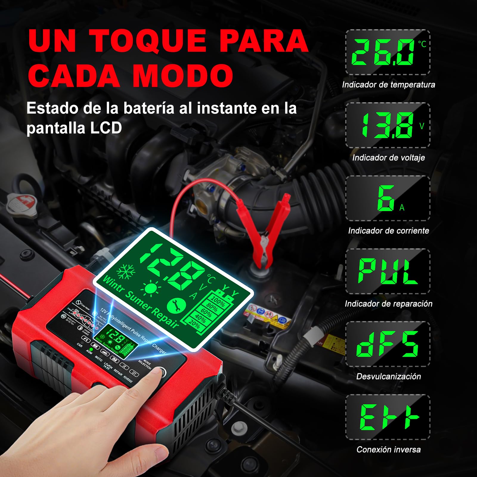 YDBAO Cargador de Baterias Coche 12V 10A Cargador de Batería de Coche Inteligente con Pantalla Táctil LCD y Múltiples Protecciones Cargador de Baterias Coche y Moto para Auto,Moto, AGM, Gel, SLA — view 2