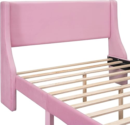 Miniatura 4 de Polibi Cama de plataforma de tamaño matrimonial, marco de cama de madera tapizado de terciopelo con cabecera y cajón de almacenamiento, color rosa