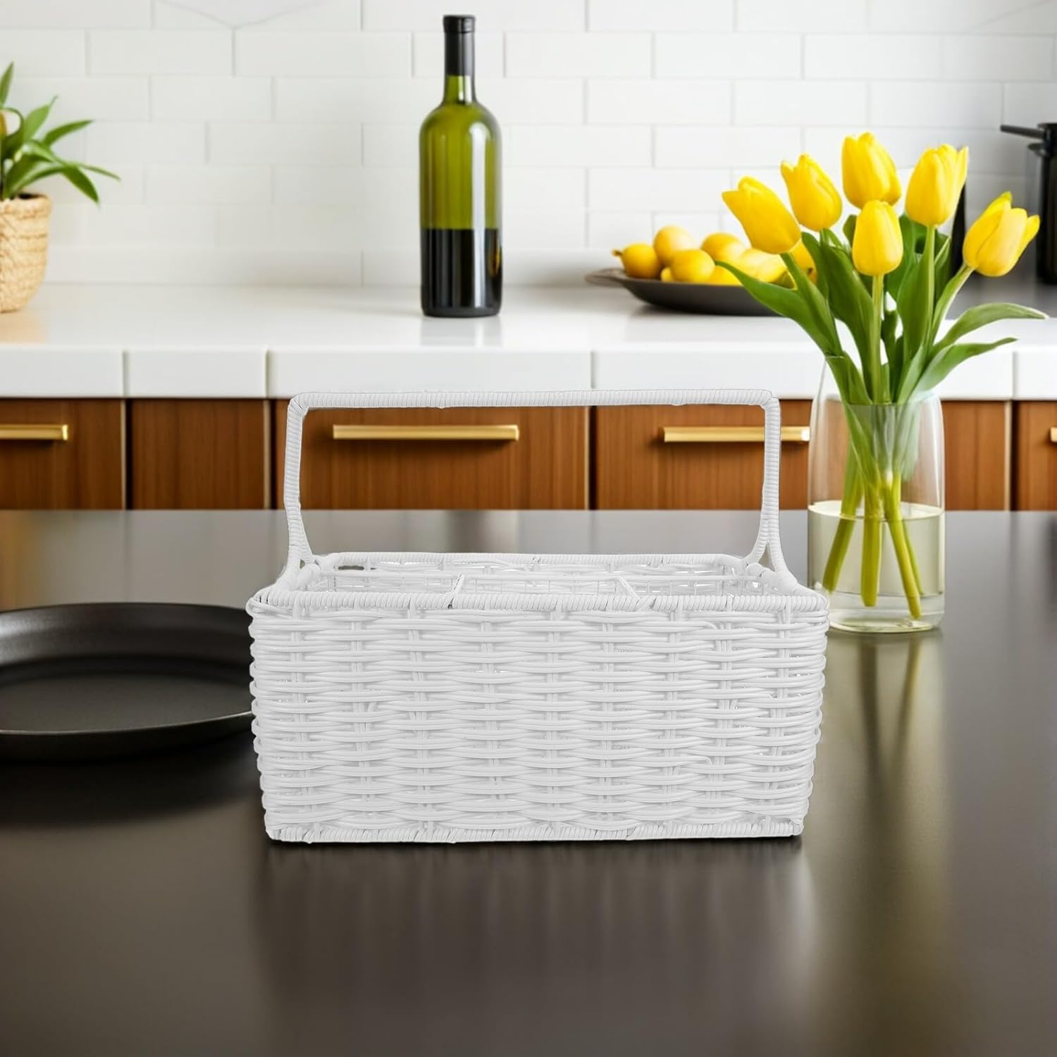 Garneck Handwoven Small Utensil Basket with Multi-compartment Divider Portable Kitchen Organizer for Spoons Forks Chopsticks Wear-resistant Rattan Storage Basket for Dish Drainer and