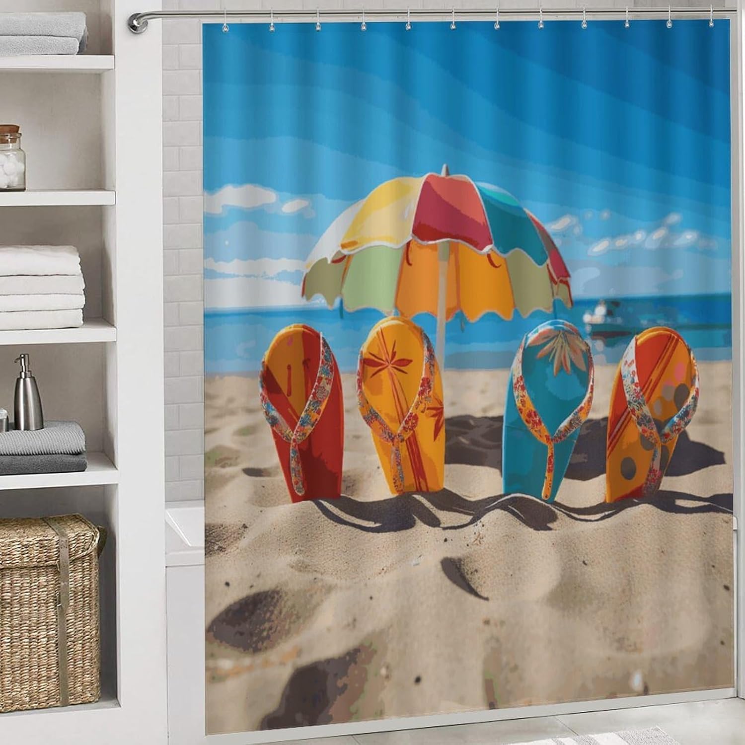Colorful Flip Flops Beach Ball Shower Curtains Set 4 Piece with Non-Slip Rugs, Toilet Lid Cover and Bath Mat Soft Bathroom Carpet Waterproof Bathroom Curtain with 12 Hooks for Bathroom Decor