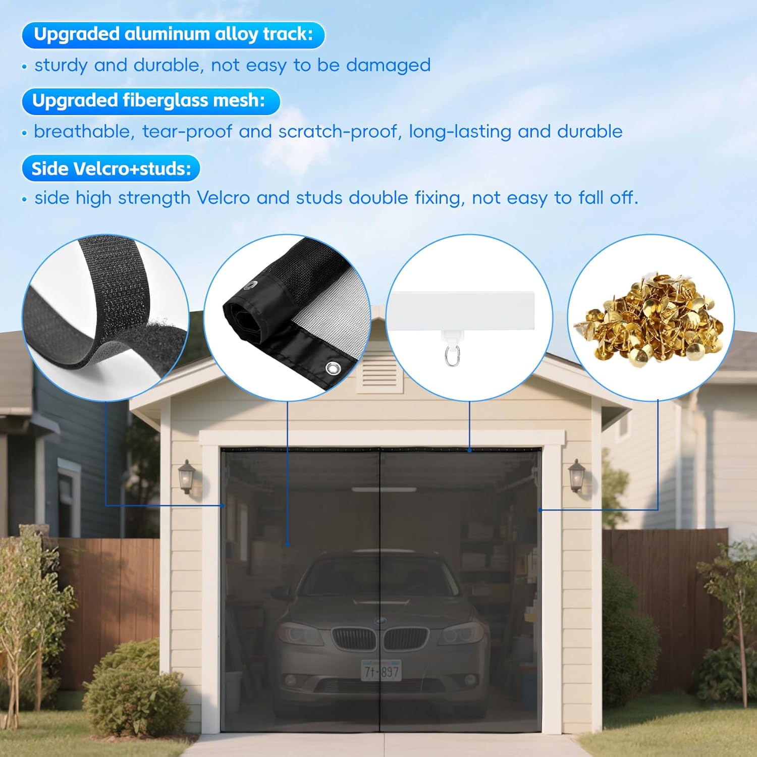 Sliding Garage Door Screen with Track, 8 * 7 Ft Retractable Privacy Curtain Door for 1 Car Garage, Keep Annoying Animals Out,Heavy Duty Fiberglass Mesh Sliding Garage Door Screen