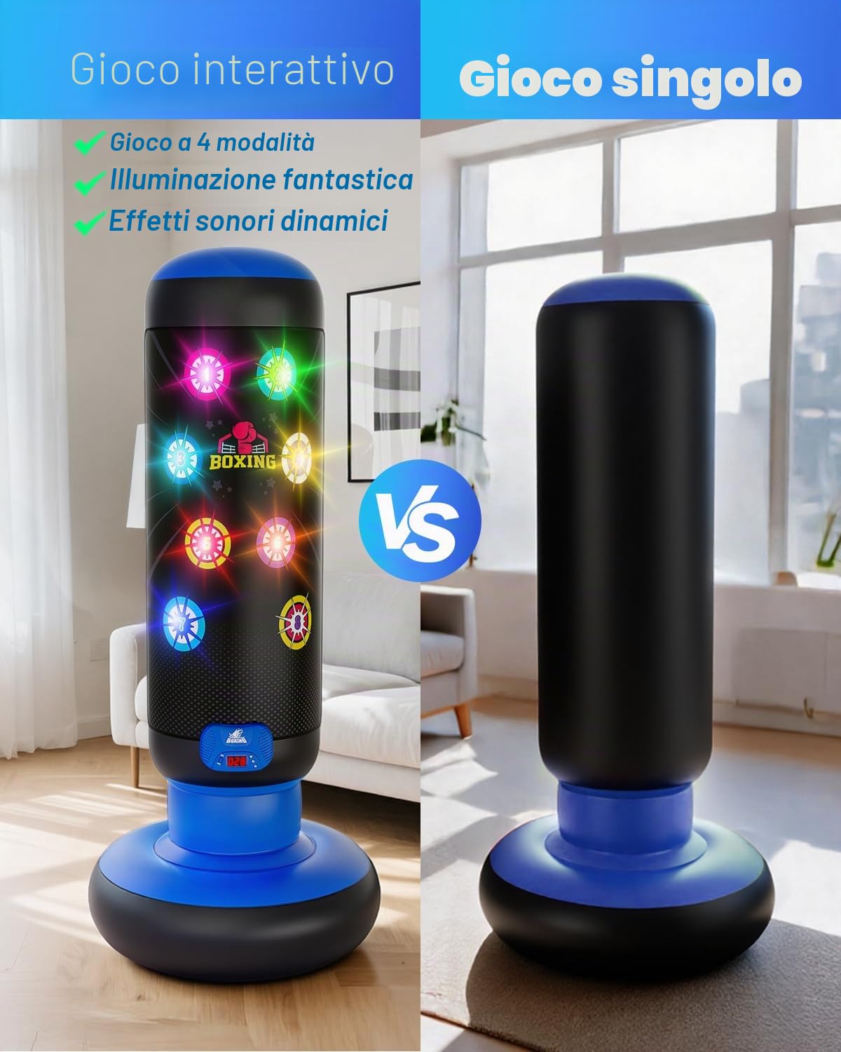 Hot Bee Sacco Da Boxe Per Bambini, Borsa Da Boxe Gonfiabile Interattiva Con Musica E Luce, Guanto Da Boxe Incluso, Per Regalo Dai 6 Ai 12 Anni (Blu)