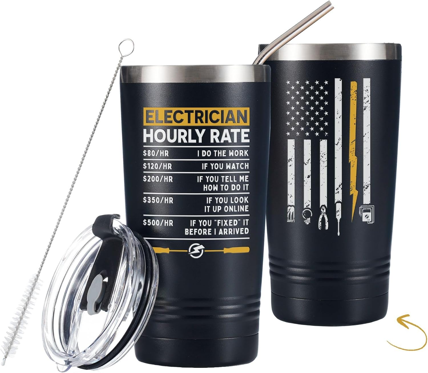 Onebttl Electrician Gifts for Men - Funny Hourly Rate Tumbler - American Flag Journeyman Travel Coffee Mug 20oz