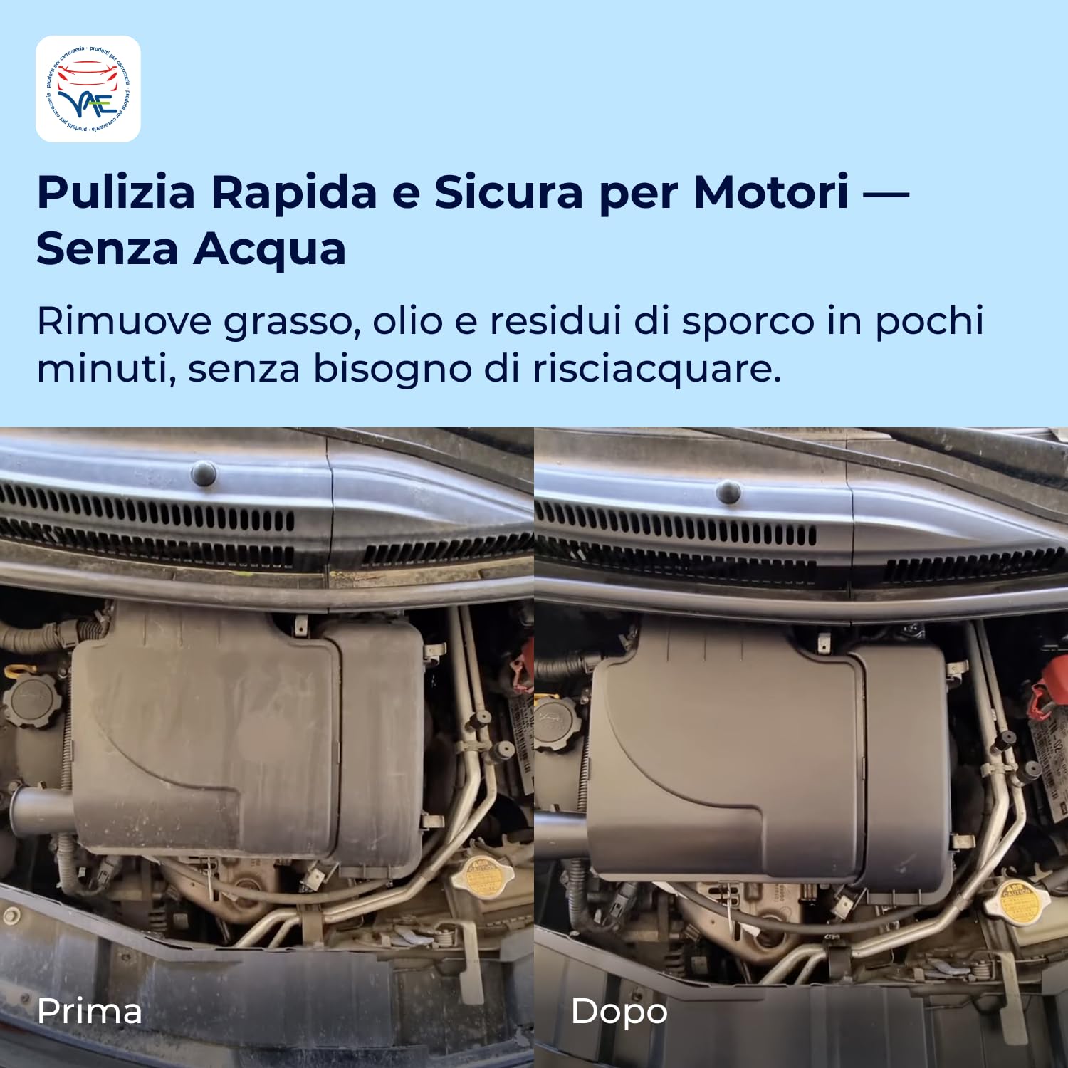VAE VAEMOTOR WASH Pulitore Schiumogeno per Motori Moto, Auto e Bici, Detergente a Secco Senza Acqua con Pennello e Panno in Microfibra – Kit Completo per la Pulizia Rapida e Sicura del Motore