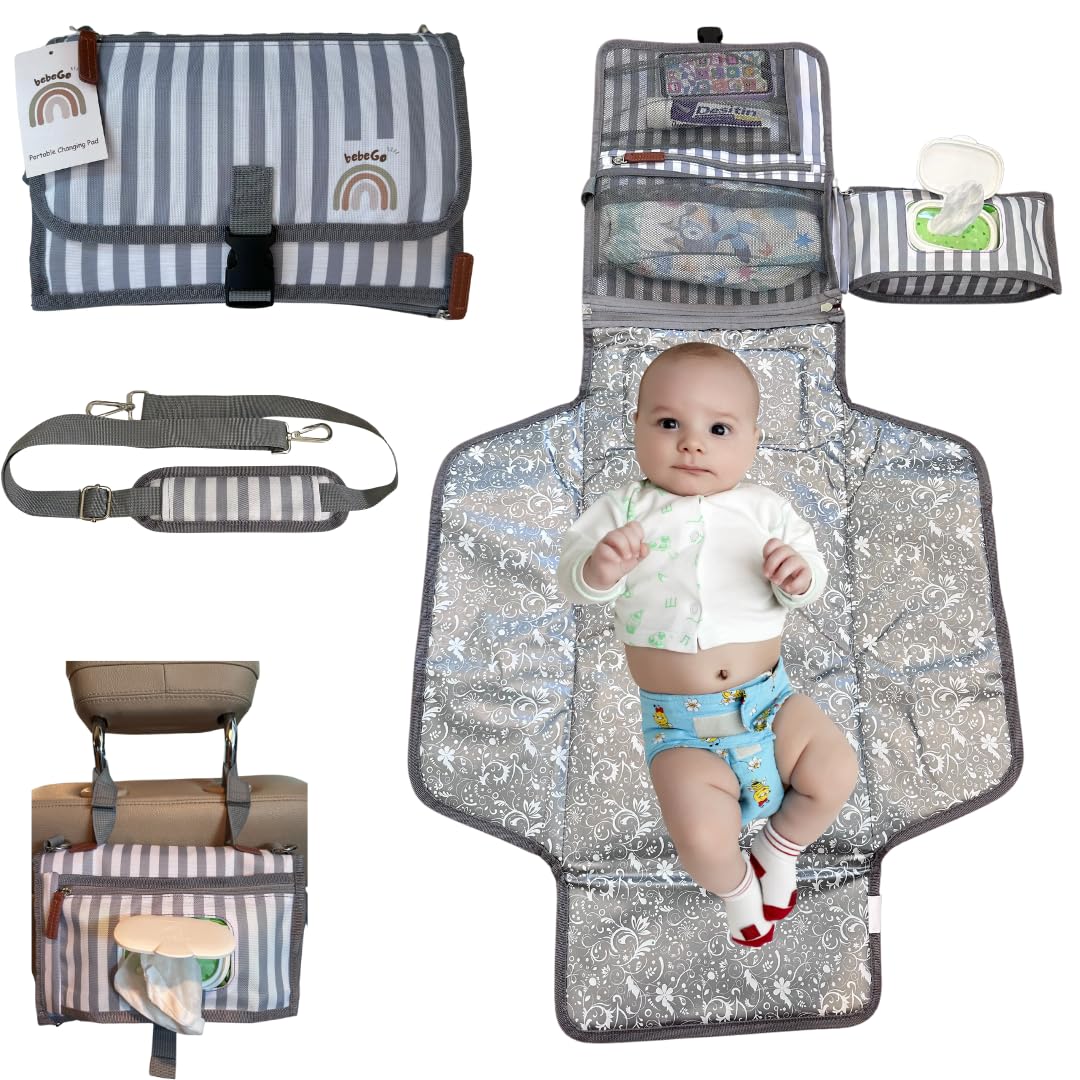 New X-Large Portable Diaper Changing Pad with Strap - Waterproof Foldup Baby Diaper Changing Mat with Zippered Storage - Multifunction Diaper Changing System - Shower Gift