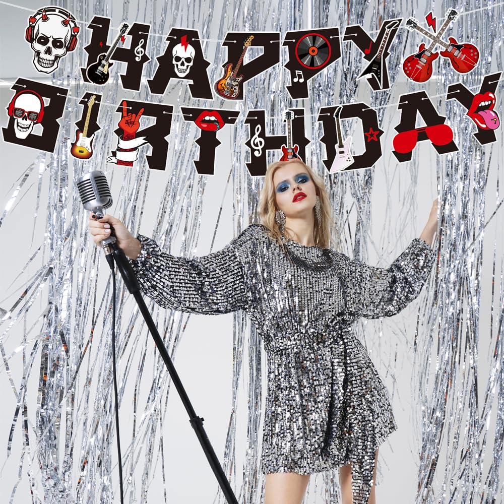 Rock Music Themed Happy Birthday Party Banner,Retro Black Red Rock and Roll Music Note Guitar Hanging Bunting Letter Banner Paper Garland for 50s 60s Rock Birthday Party Decoration Supplies - Image 3