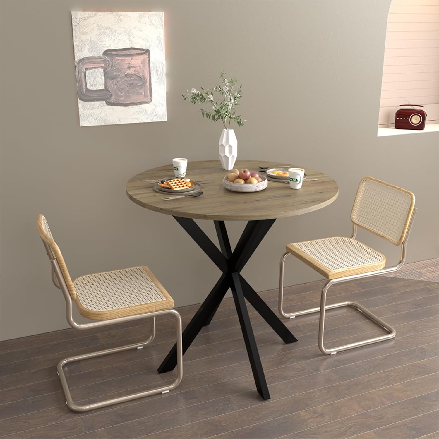 Round Dining Table with Metal Black Legs,31.5 Inch Circle Brown Kitchen Table Modern Dining Room Smal Table for 2-4 People