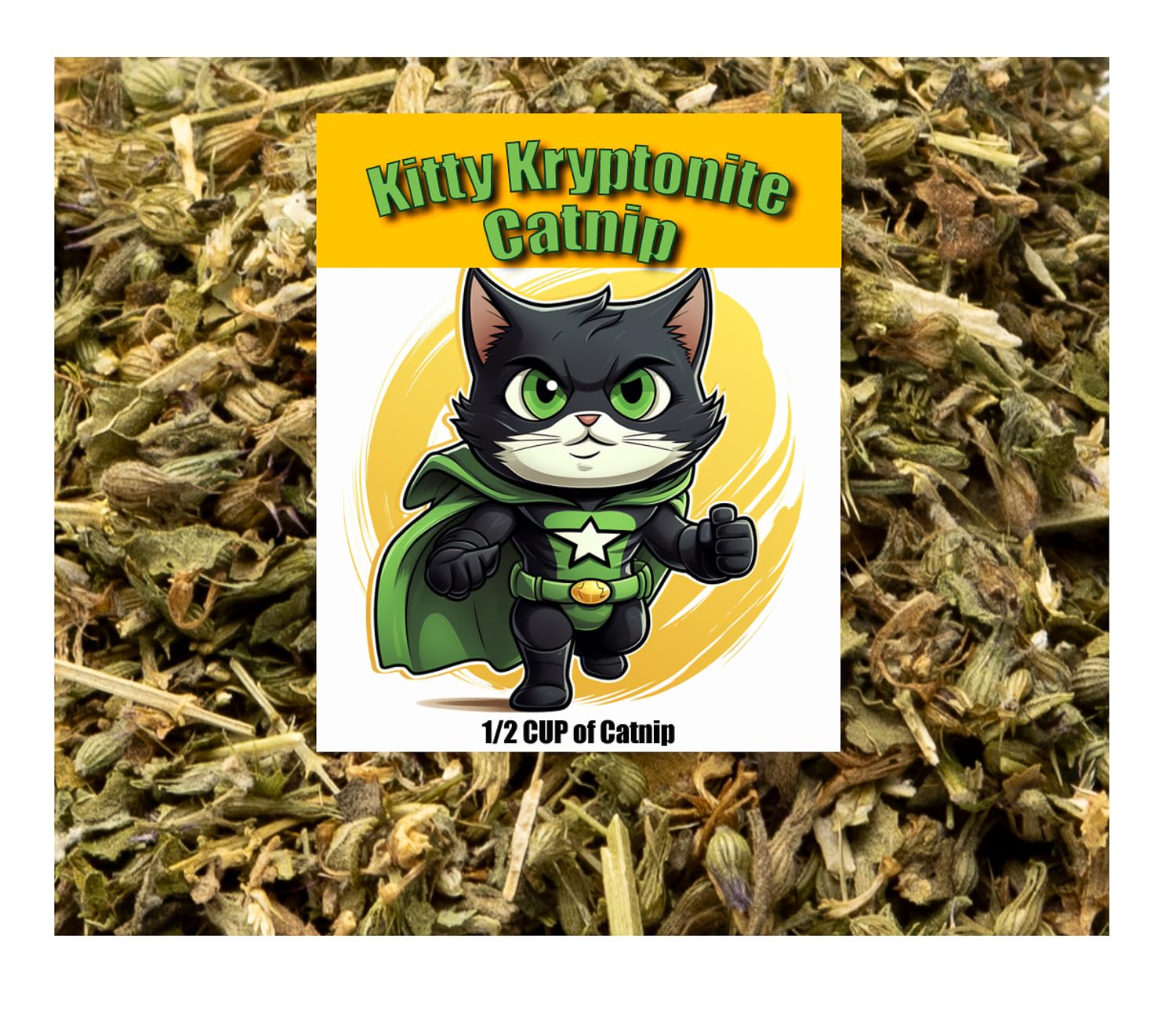 DesertUSA Kitty Kryptonite Catnip Blend - North American Crafted, 100% Natural, and Non-Addictive Catnip Treats for Enhanced Playfulness. Perfect for Cat Accessories (1/2 Cup)