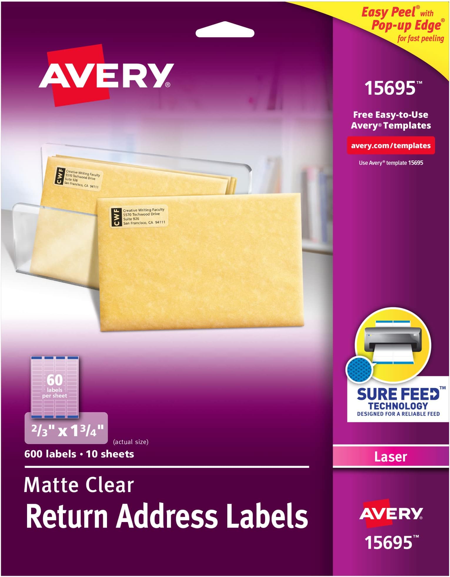 Avery Matte Clear Return Address Labels,Sure Feed Technology,Laser, 2/3" x 1-3/4", 600 Labels, 5 Packs (15695)