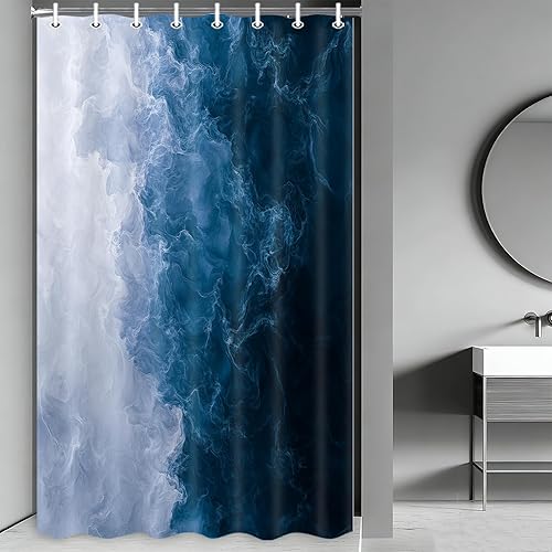 Miniatura 31 de JAWO Cortina de ducha con temática de playa con estrellas de mar, conchas tropicales, conchas de mar, escena costera hawaiana, vista al mar, sin