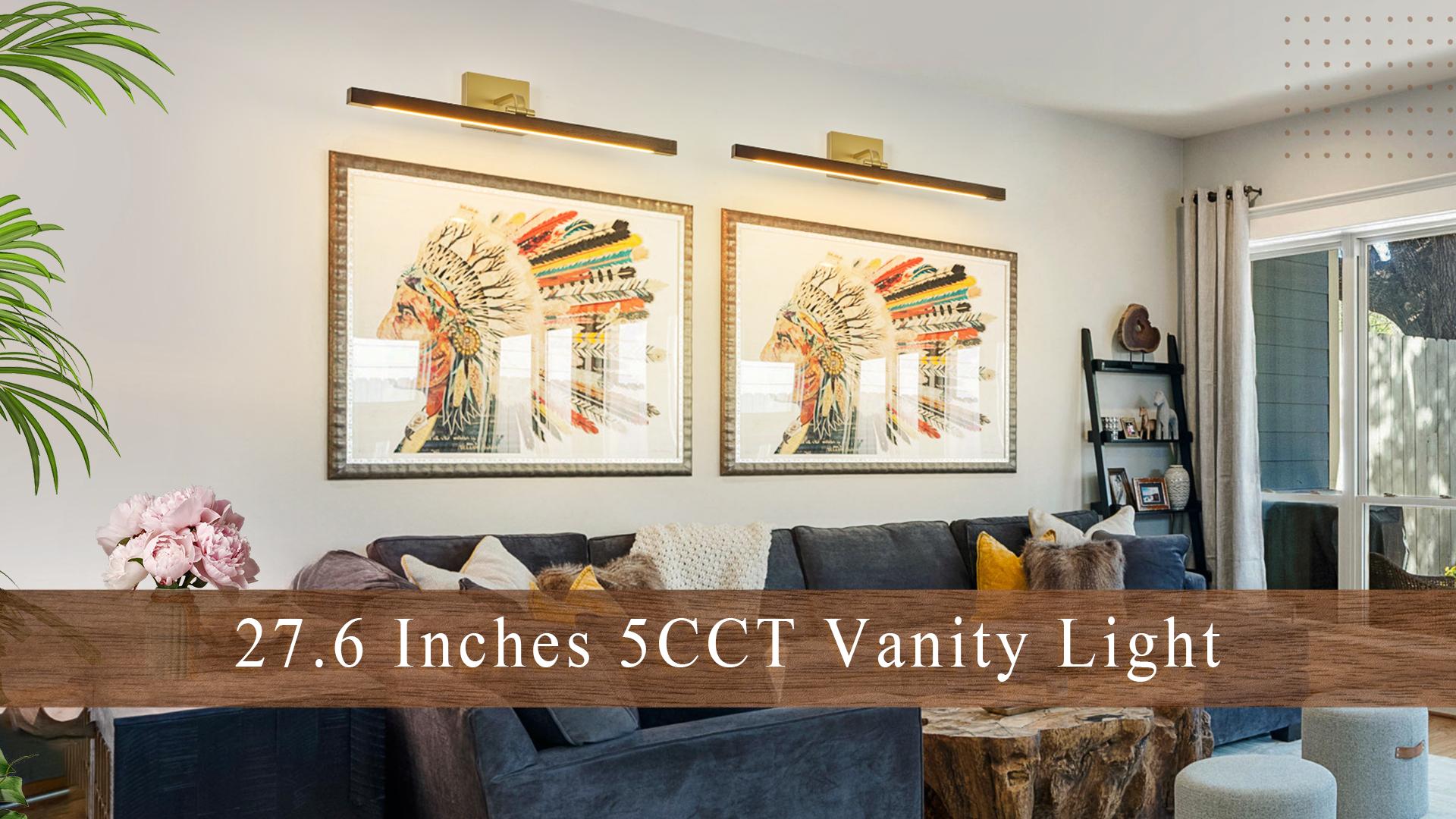 Image of Picture Light 27.5 inch Wood Picture Lights for Wall Hardwired Gold Picture Frame Light Dimmable Art Gallery Light Accent Lighting Bathroom Wall Sconce for Artwork Poster Portrait Library Display 5CCT