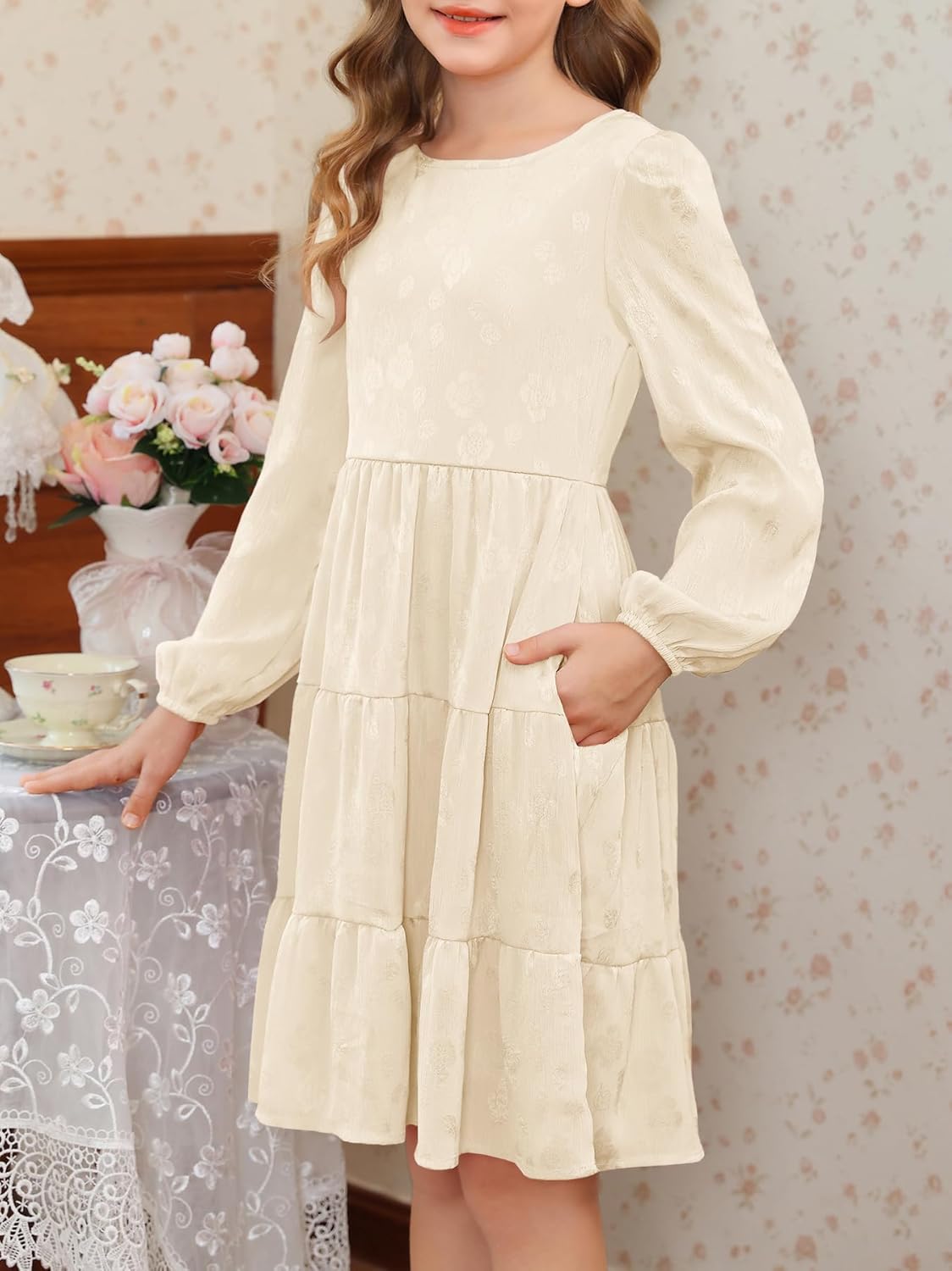 YOVION Girls Fall Long Sleeve Dress Ruffle Tiered A-Line Formal Wedding Party Dresses with Pockets for 6-12 Years - Image 4