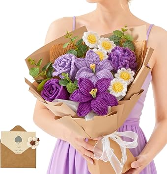 Alecono Crochet Flower Bouquet, Purple Knitted Flowers, Large Knitted Flower for Graduation Anniversary Party Christmas Festival Gifts Include Card