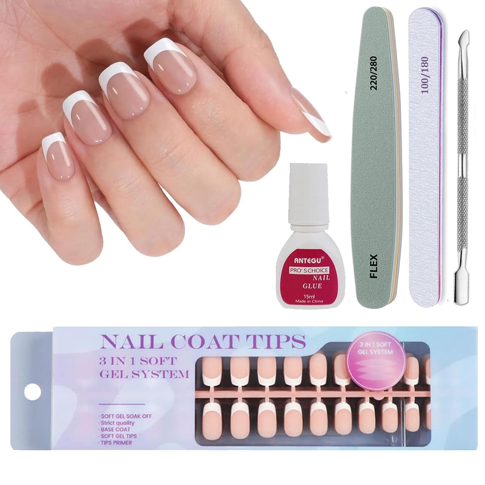 French False Nails, 300Pcs Square Press On Nails Short, Nude Color X-coat Tips Fake Nails with Glue, Full Cover Glue on Nail for Women French White Tip Nail Art - 15 Sizes