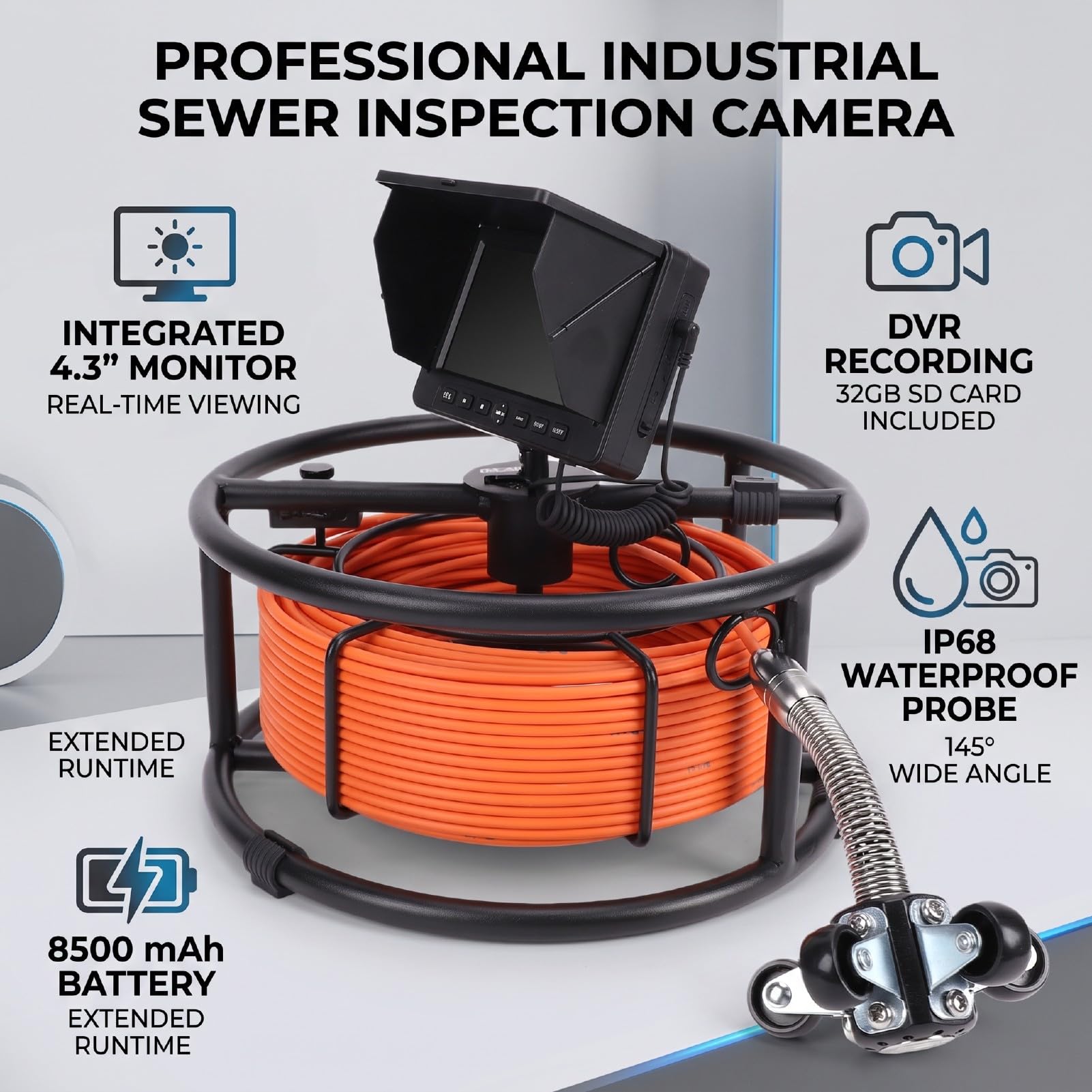 Cámara de Inspección de Alcantarillado, Grabación Industrial DVR (F2543DC23-20M-K) | Sonda a prueba de agua IP68, diámetro de 23 mm, lente gran angular de 145°, 8500 mAh, tarjeta de 32 GB, para tubería