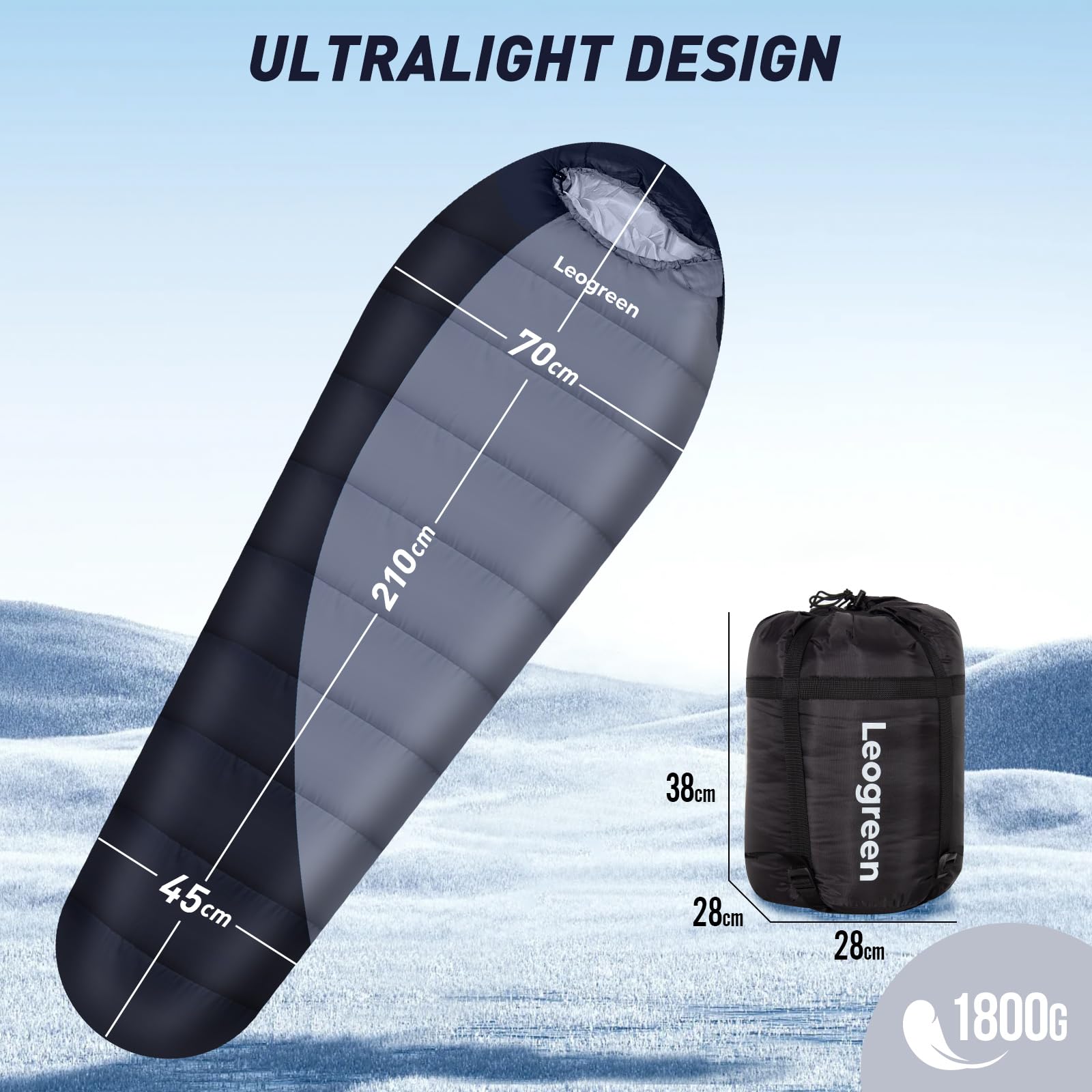 Leogreen Saco Dormir Pluma 210 cm, -15℃~5℃ 3-4 Estaciones | Extra Cálido, Tipo Mumia, Ideal para Camping, Trekking y Alta Montaña