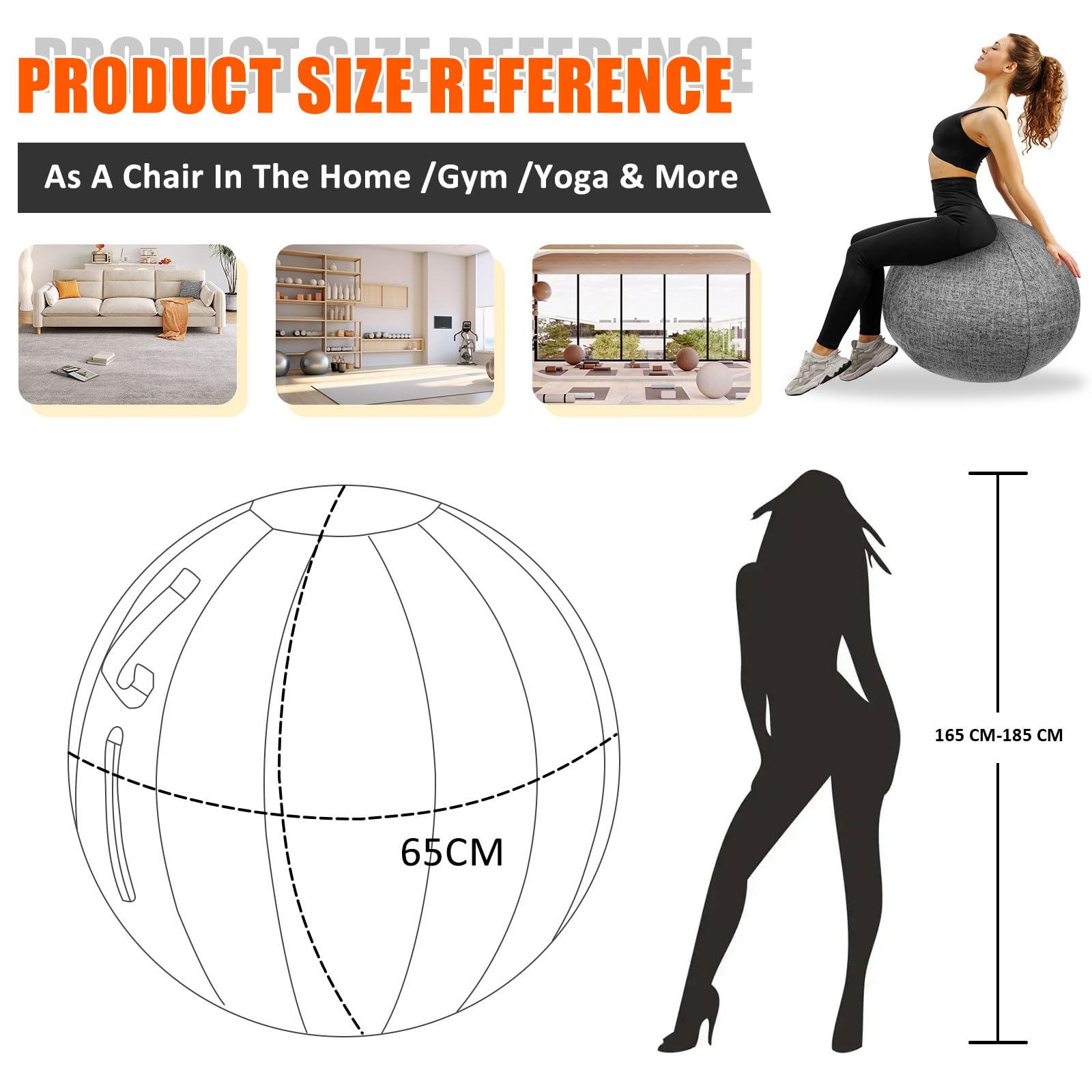 Stoff-Sitzball 65cm Schutzhülle für Gymnastikball Gymnastikball - Fitness-Ball Sitzball Büro mit Pumpe und Deckel Ergonomische Sitzmöbel für Büro und Heimbüro -Waschbarer Stoffbezug