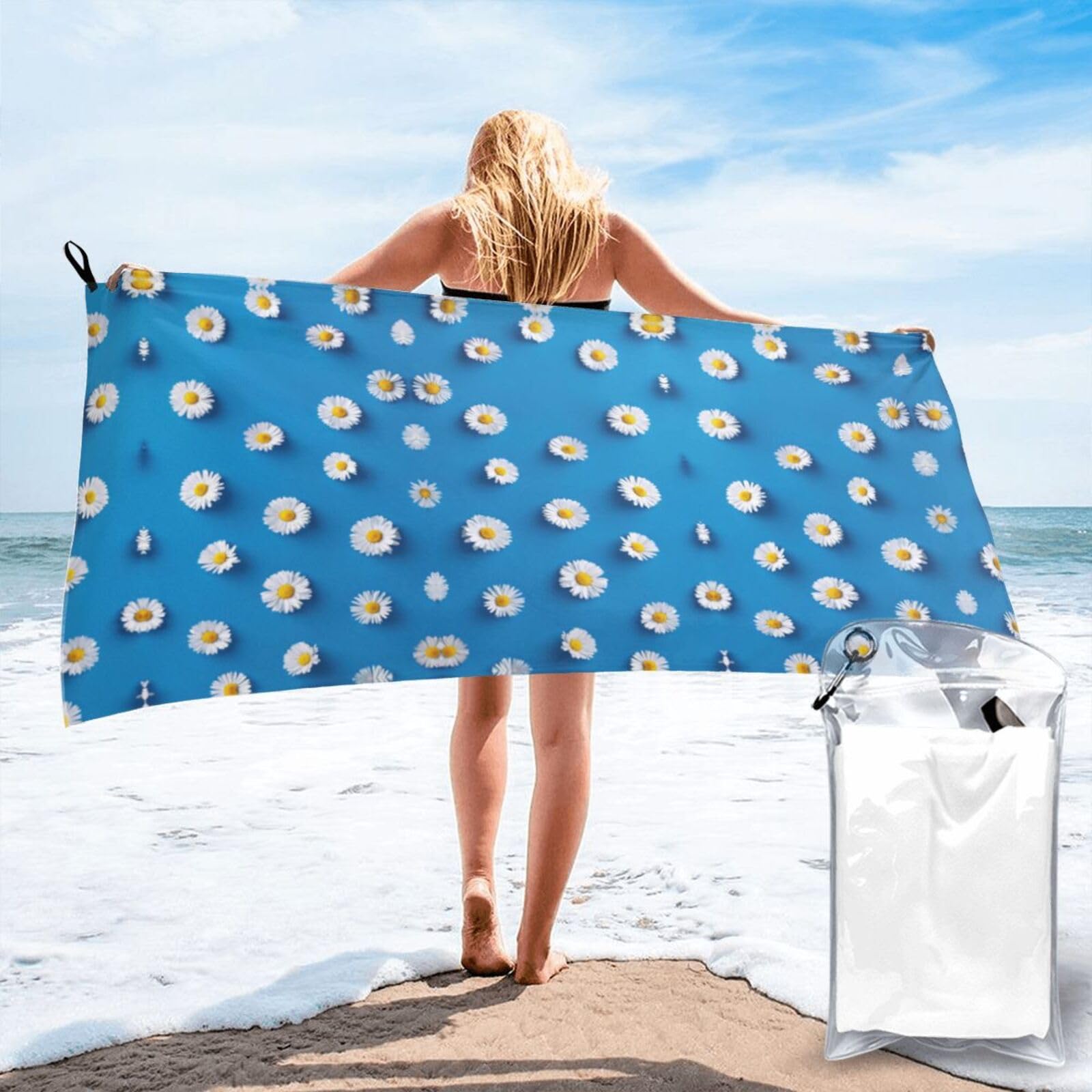 WYCZHY White Daisy Print Beach Towel Soft Quick Dry For Spa Pool Gym Vacation Travelers Women Men Adults Sauna Gift