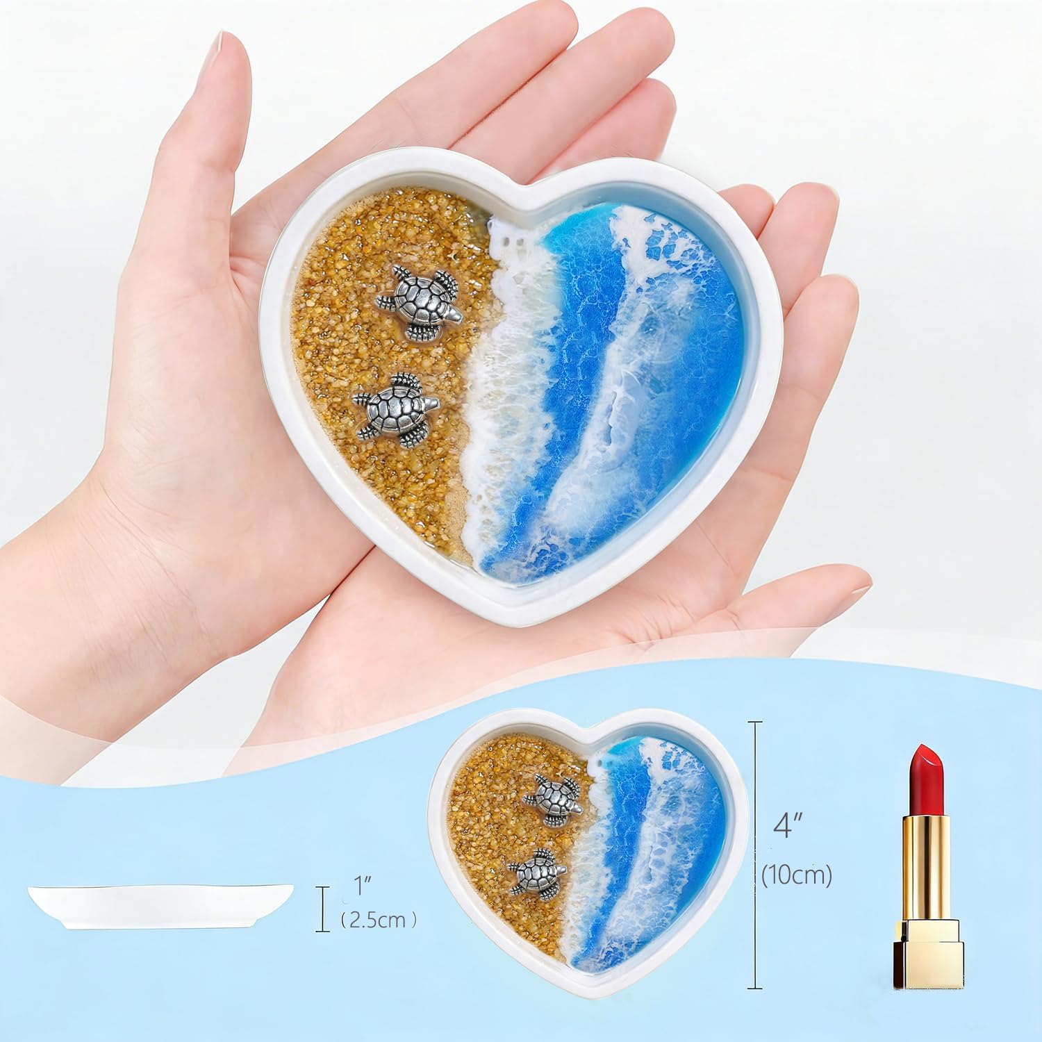 Heart Shaped Sea Turtle Resin Ring Holder, Handmade Ocean Wave Jewelry Trinket Dish, Coastal Beach Decorative Tray for Rings Earrings Necklaces, Cute Turtle Gifts for Women, Birthday, Mother's Day