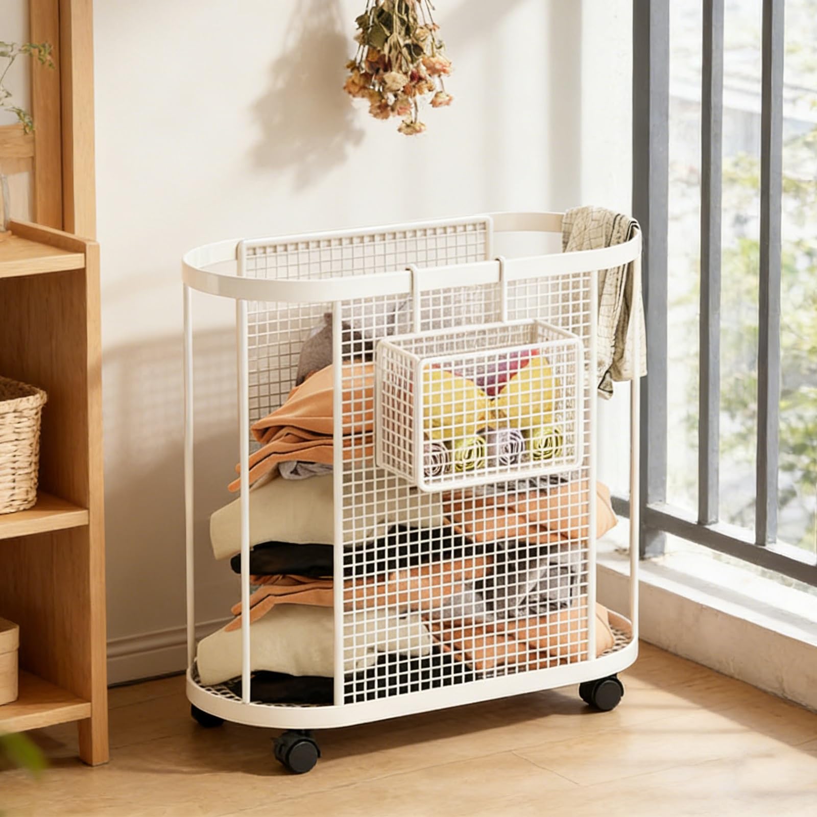 SFSLBFB Laundry Cart with Wheels, Mobile Hamper and Hanging Basket, Multifunctional Toy Storage Organizer for Laundry Room, Bedroom, Living Room