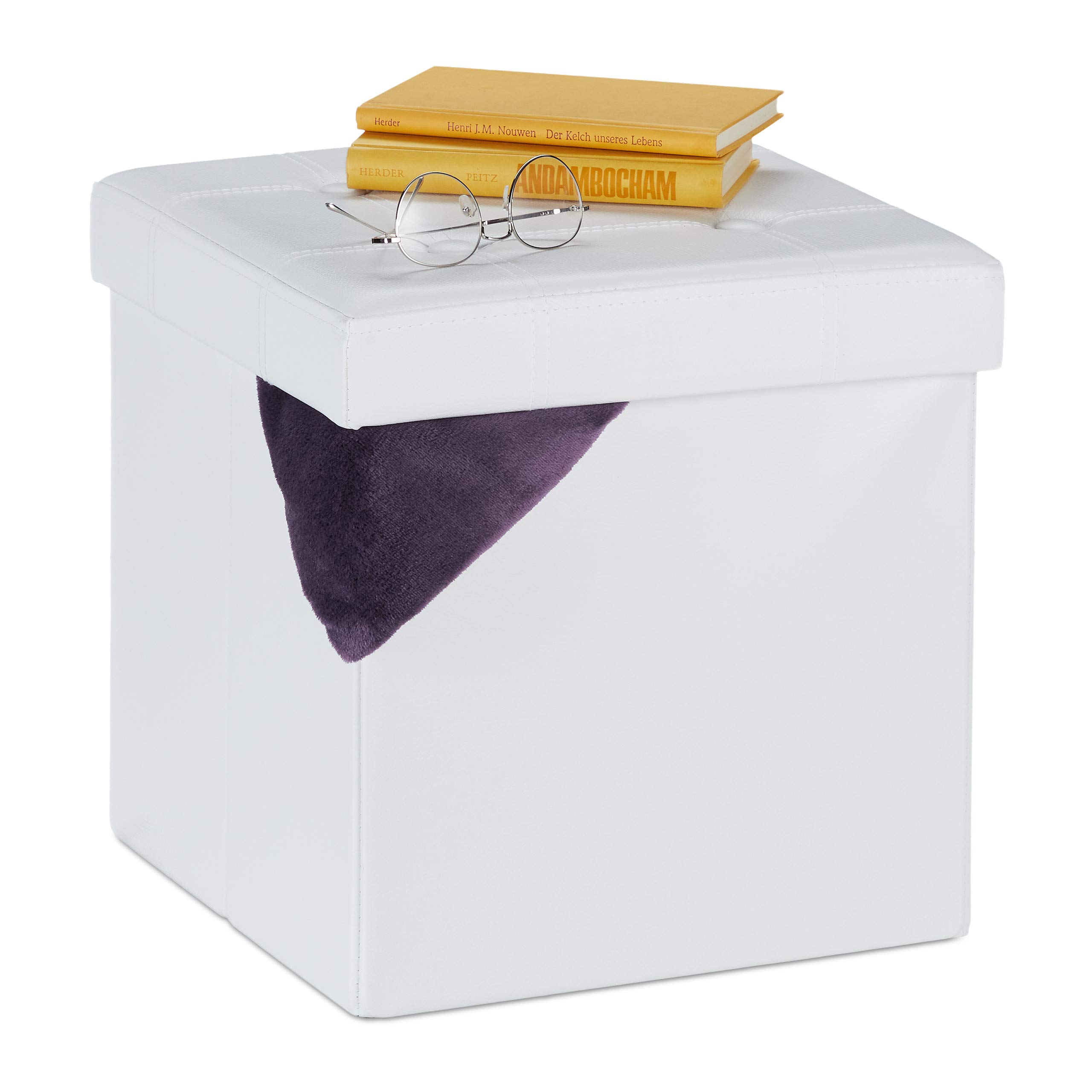 Relaxdays Taburete con Almacenaje, con Tapa, Reposapiés Sofá Plegable, Polipiel, Acolchado, 38 x 37 x 37 cm, Blanco