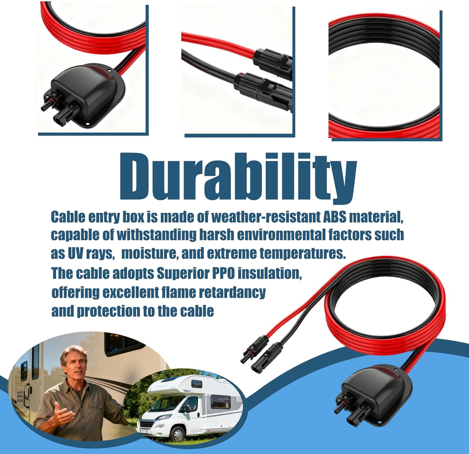 Solar Cable Entry Gland with 3FT 10AWG Solar Extension Cable MC4 Connectors Solar Junction Box Fit for RV Boat Camper & Van Lnstallations Tinned Copper Wire