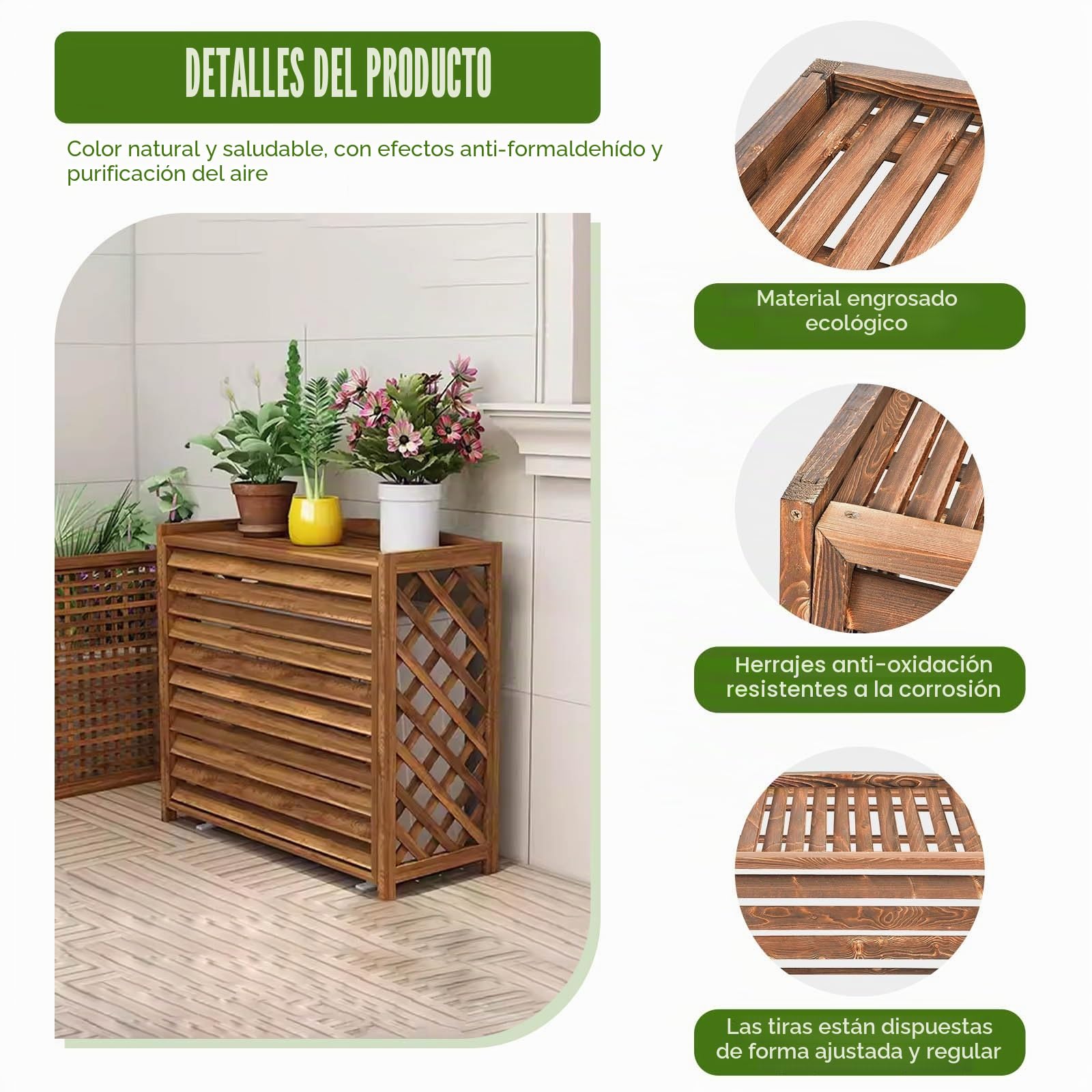 Funda para Aire Acondicionado Exterior De Madera Maciza Cubre Aire Acondicionado Exterior Esconder Aire Acondicionado, Tablero De Madera Espesada, Rejilla Lateral para Colgar Plantas(L)