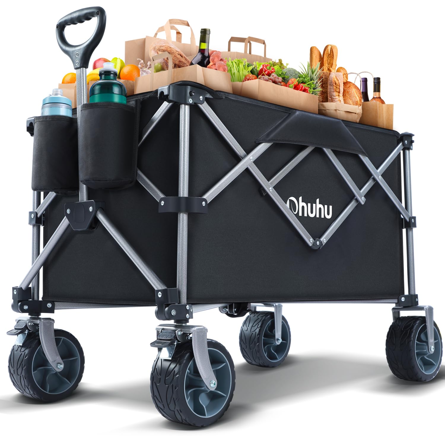 Carro Playa Plegable con Ruedas Grandes 200L, Carro Plegable Utilitario Carrito Camping Transporte para Jardín, Carro Portátil hasta 200 kg, Gran Vagón Plegable con Manija Ajustable & Bolsillos