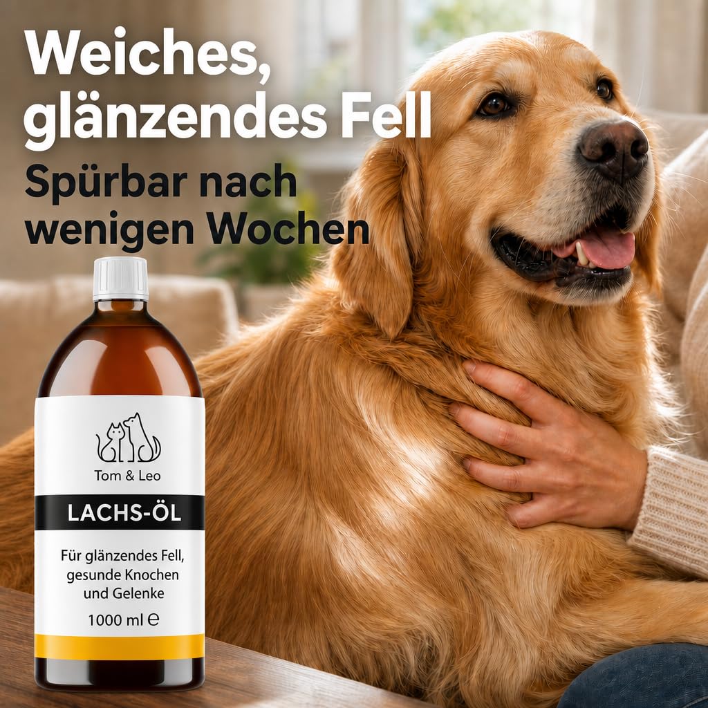 Tom & Leo Huile de saumon pour chiens et chats 1000 ml – Huile de saumon sauvage avec oméga 3-6-9, idéale pour la peau et le pelage, huile de poisson de qualité supérieure pour chiens