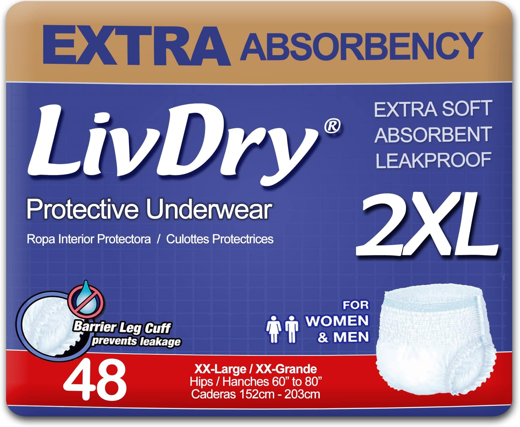 – Adult 2XL Incontinence Underwear, Extra Comfort Absorbency, Leak Protection, XX-Large, 48-Pack