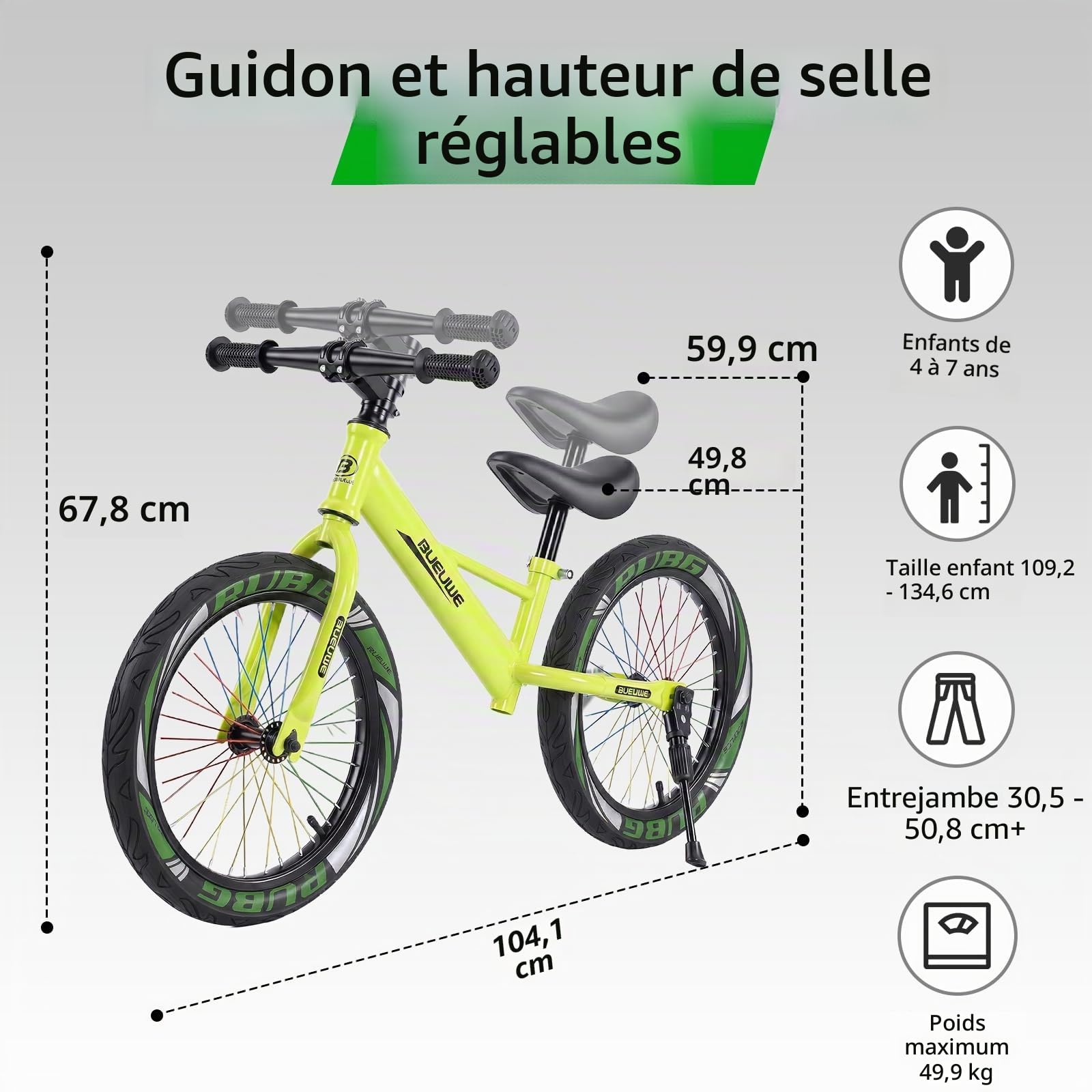 Vélo de 16 pouces pour enfants de 5 à 8 ans, pneus pneumatiques, roues lumineuses, siège réglable en hauteur, cadre en acier robuste avec poignée de transport et béquille