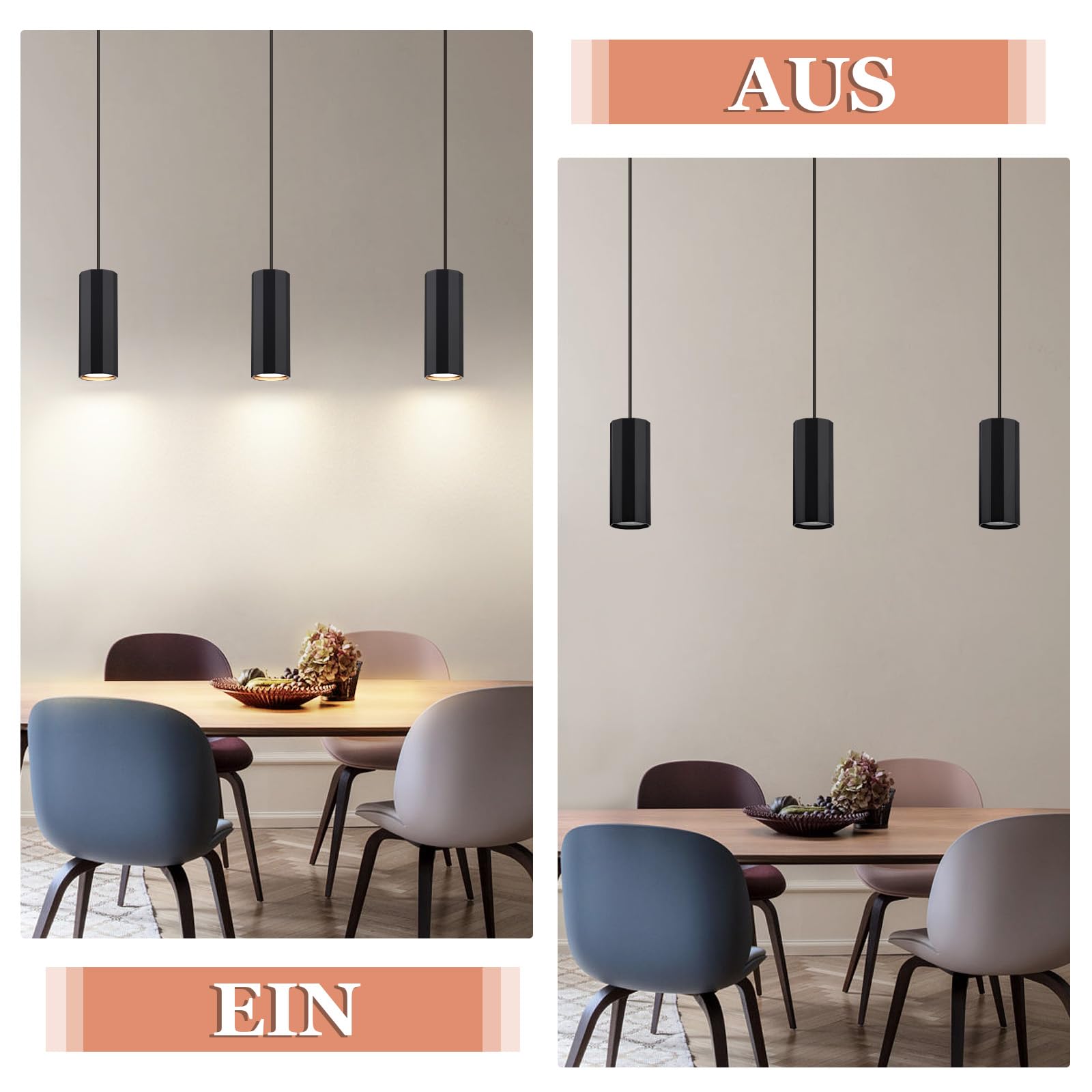 Glitzerlife Lampada a sospensione GU10 Nero Lampadario a Soffitto 3 Luci | Con Cavo Regolabile per Bar Ristorante Sala da Pranzo Isola Industriale in Metallo per Cucina Bar (Senza lampadina)
