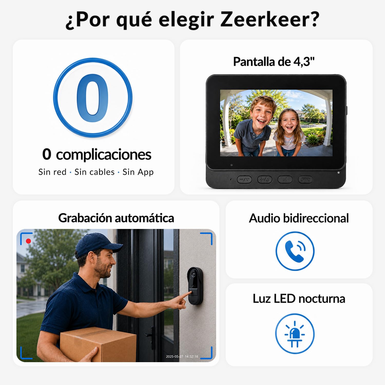 Timbre Inalámbrico Exterior Impermeable IP65, Pantalla IPS de 4,3 Pulgadas, Timbre Inalámbrico con Cámara 1080P, Audio Bidireccional, Visión Nocturna, Video Portero Automatico Alimentado por Batería