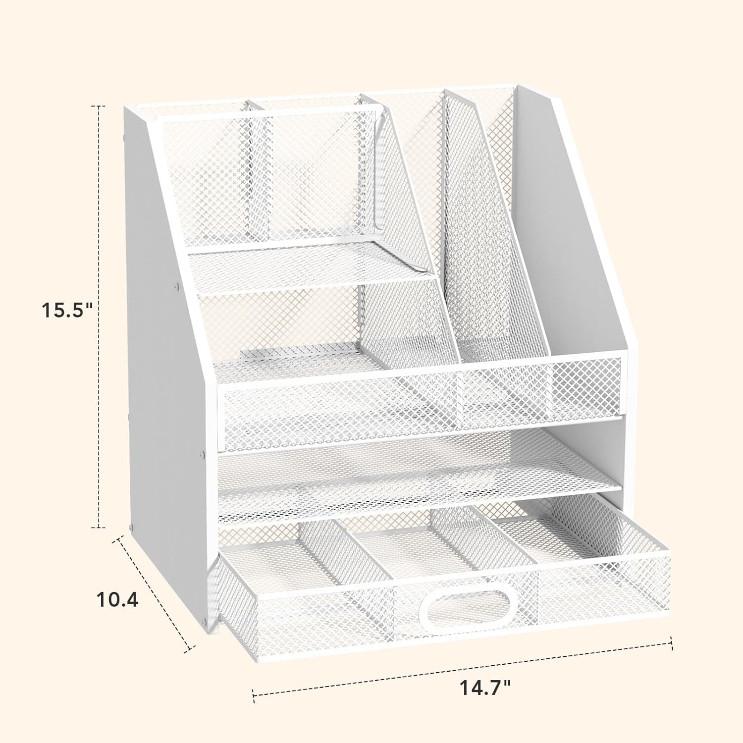 Wooden Desk Organizer - Mesh File Organizer with Drawers and Pen Holder - 4-Tier Vertical Paper Letter Storage Tray, Desktop Organizers and Accessories for Home Office （White