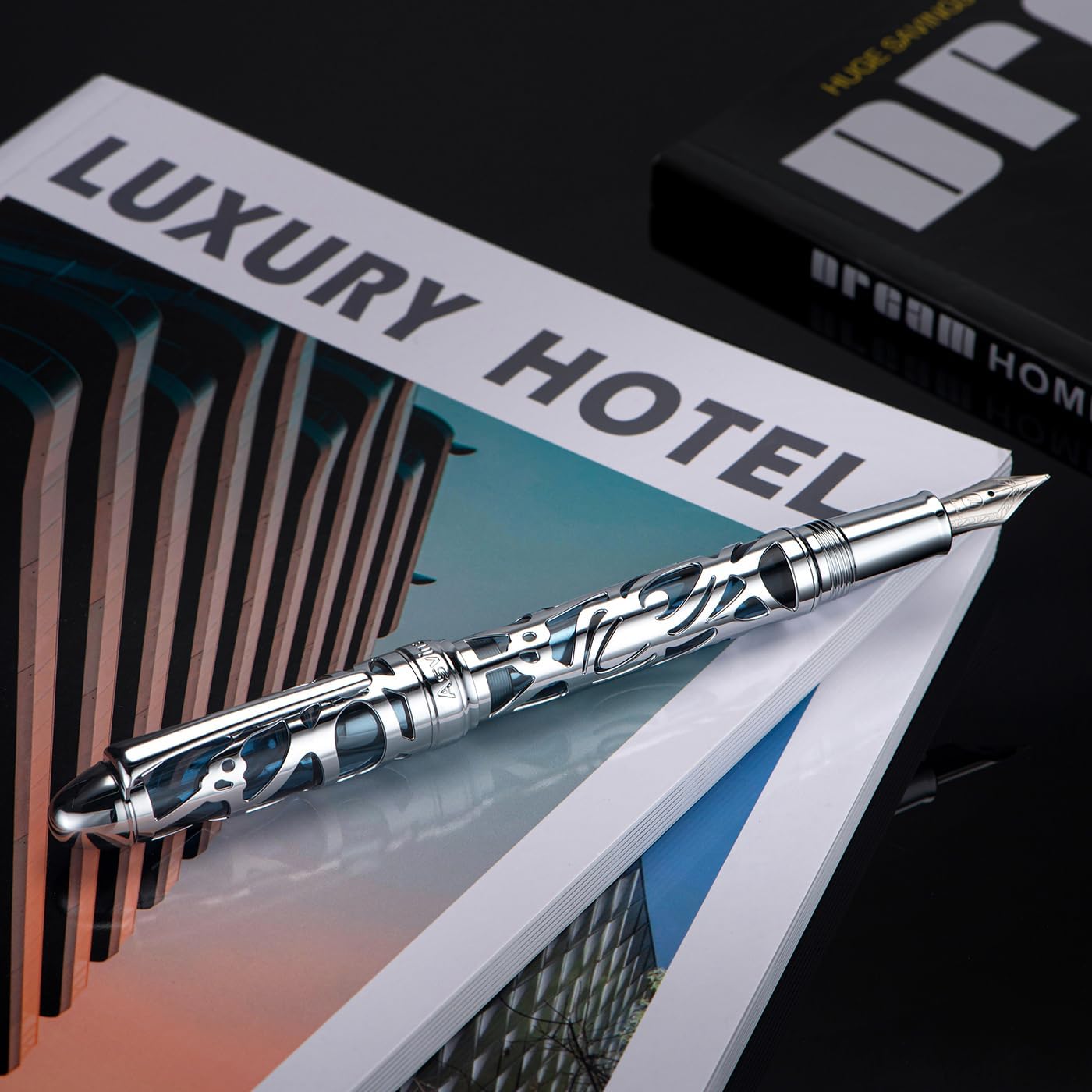 Asvine P80 Piston Filling Fountain Pen Extra Fine Nib, Spider Skeleton Transparent Gray Blue Acrylic Pen Case and Wrench Set