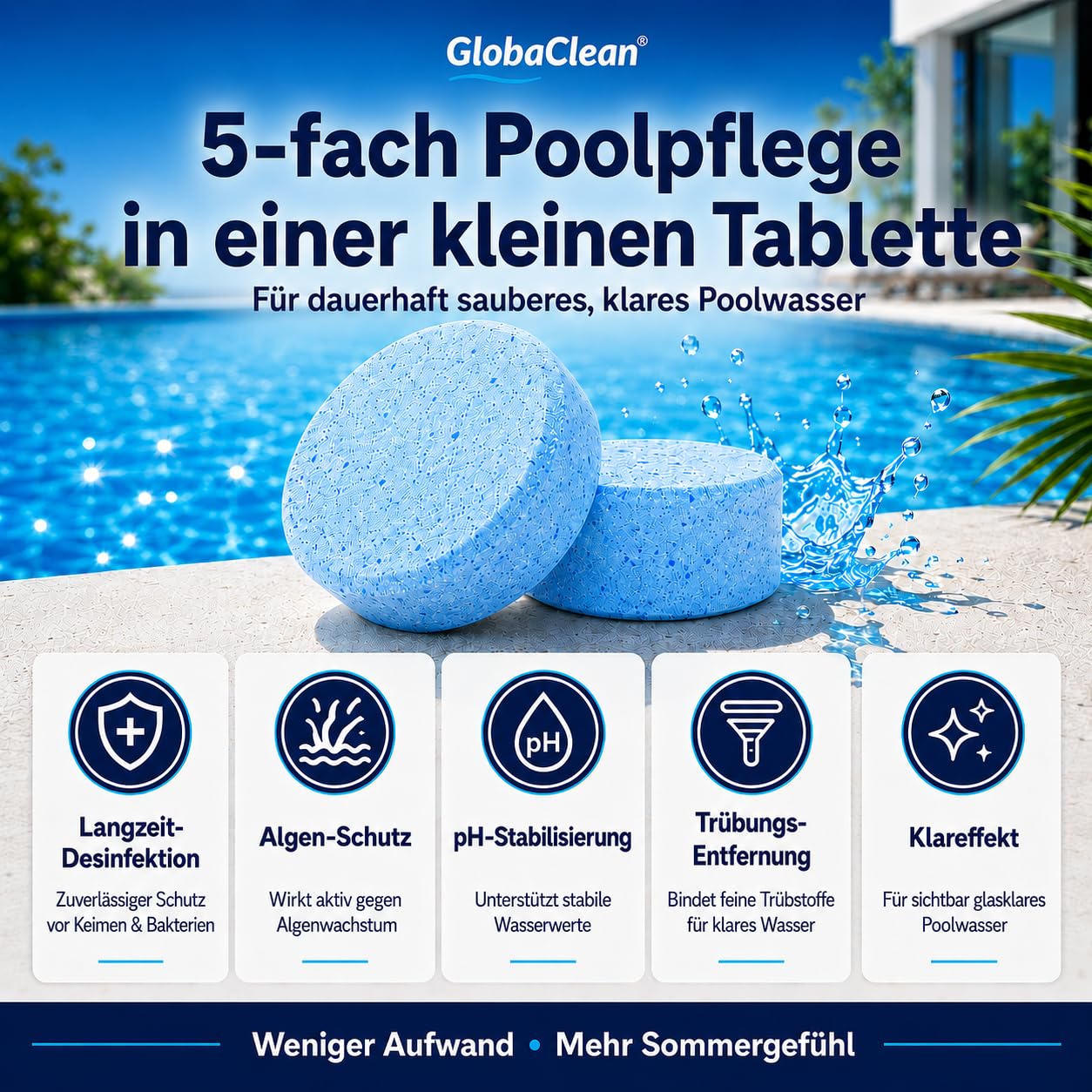 Multitabs für Pool 5 in 1-20g (1kg) - Blue Edition - Premium Chlortabletten für kristallklares Poolwasser - Langzeit Chlor Tabs zur Algenbekämpfung & optischen Wasserveredelung